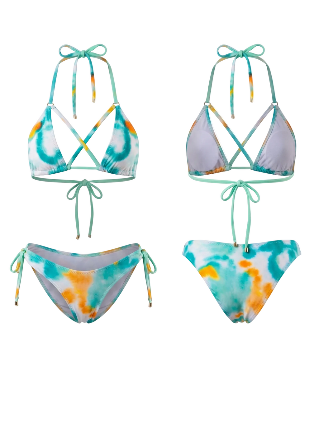 Two-piece tie-dye bikini set shown in two color variations on a white background. The set includes a halter-style bikini top with crisscross straps and a matching string bikini bottom.