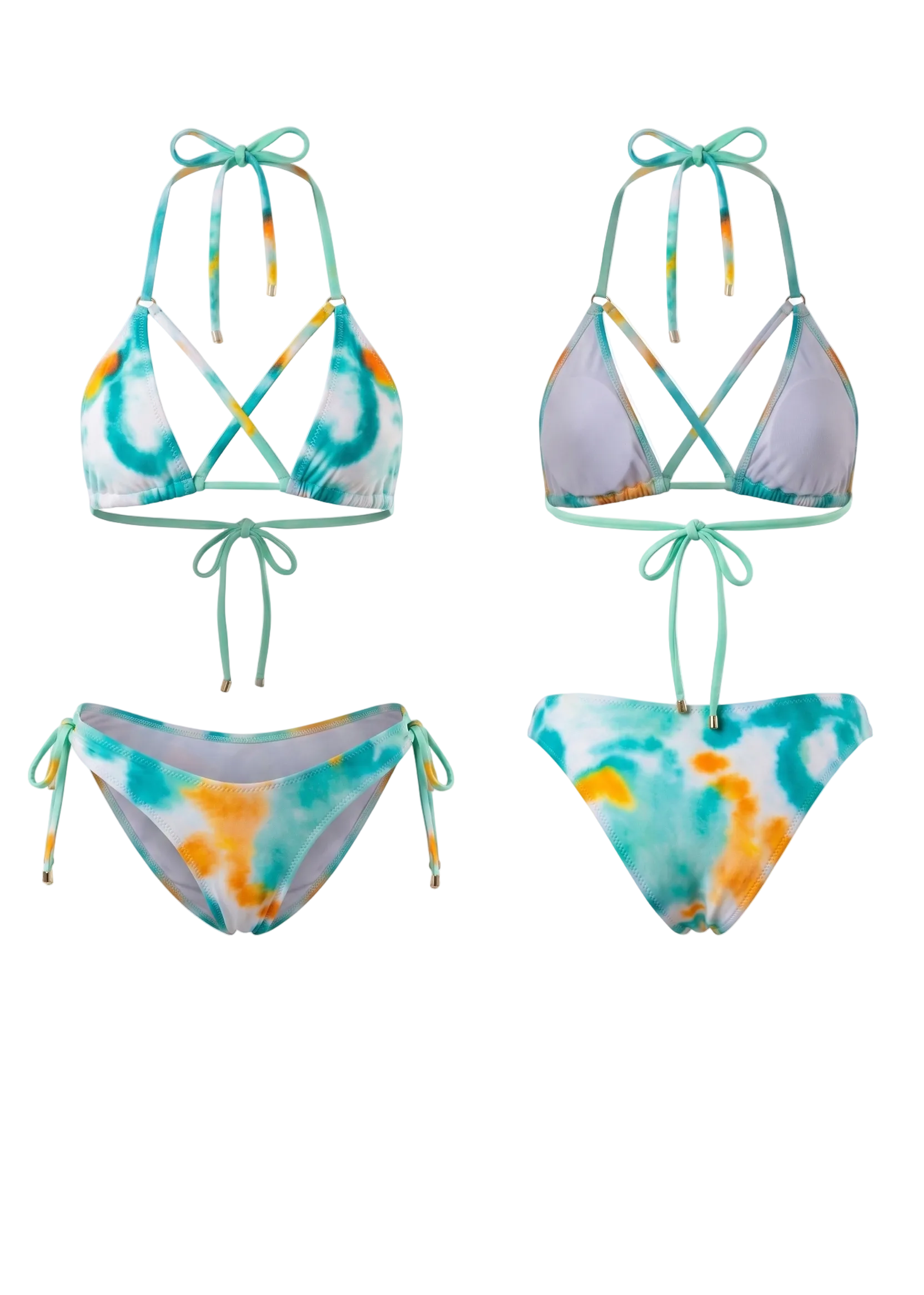 Two-piece tie-dye bikini set shown in two color variations on a white background. The set includes a halter-style bikini top with crisscross straps and a matching string bikini bottom.