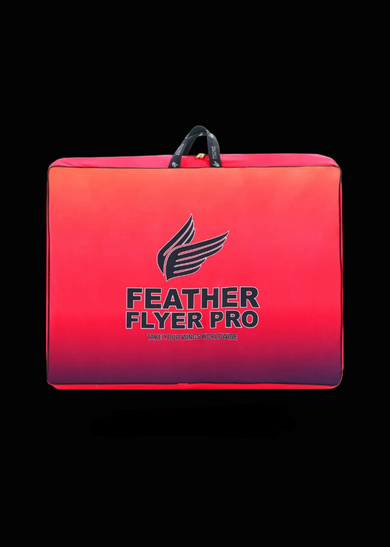 Red and black Feather Flyer Pro mat with logo and size text on a white background