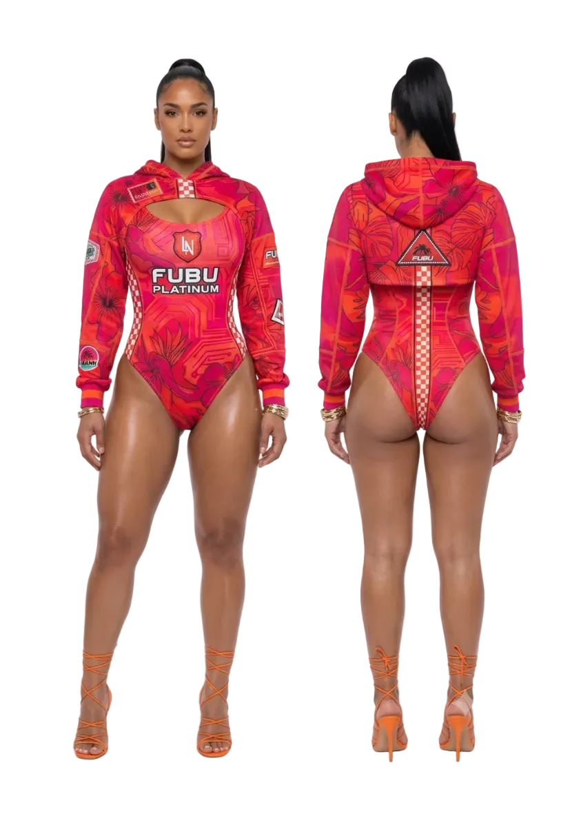 A model is shown from the front and back wearing a bright red and orange patterned one-piece bodysuit with a hood, lace-up back, and 'FUBU PLATINUM' text on the front, paired with matching orange lace-up heels against a white background.