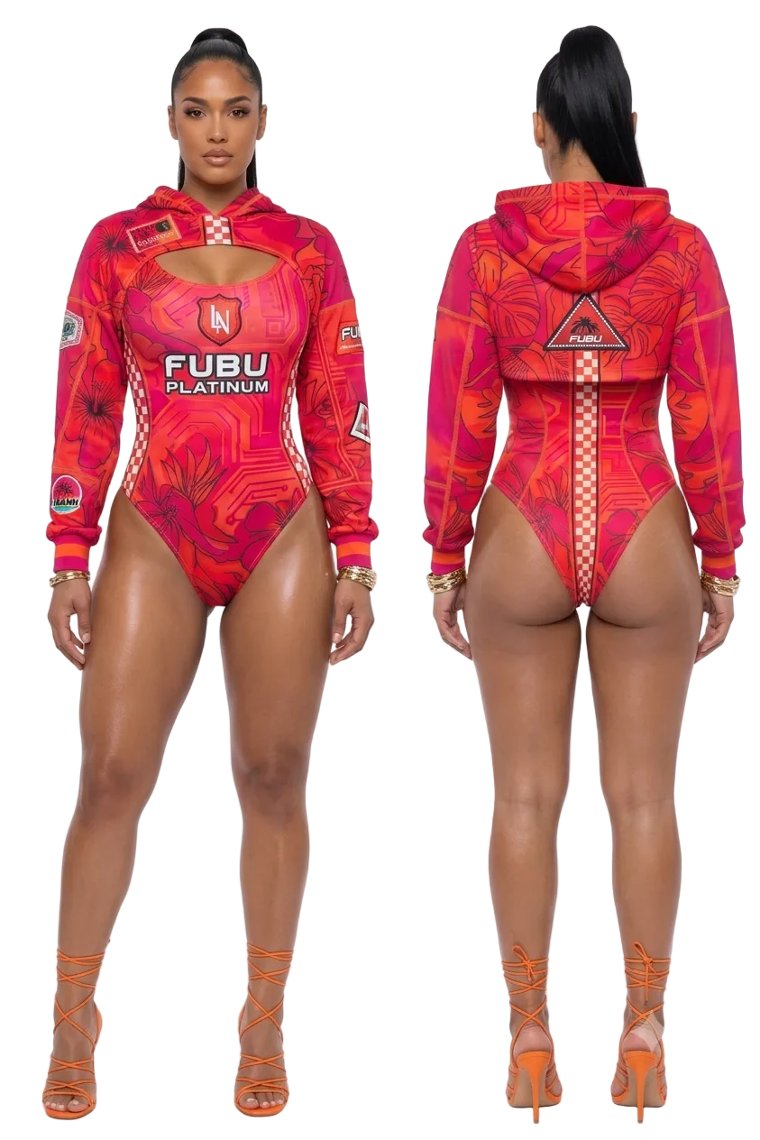 A model is shown from the front and back wearing a bright red and orange patterned one-piece bodysuit with a hood, lace-up back, and 'FUBU PLATINUM' text on the front, paired with matching orange lace-up heels against a white background.
