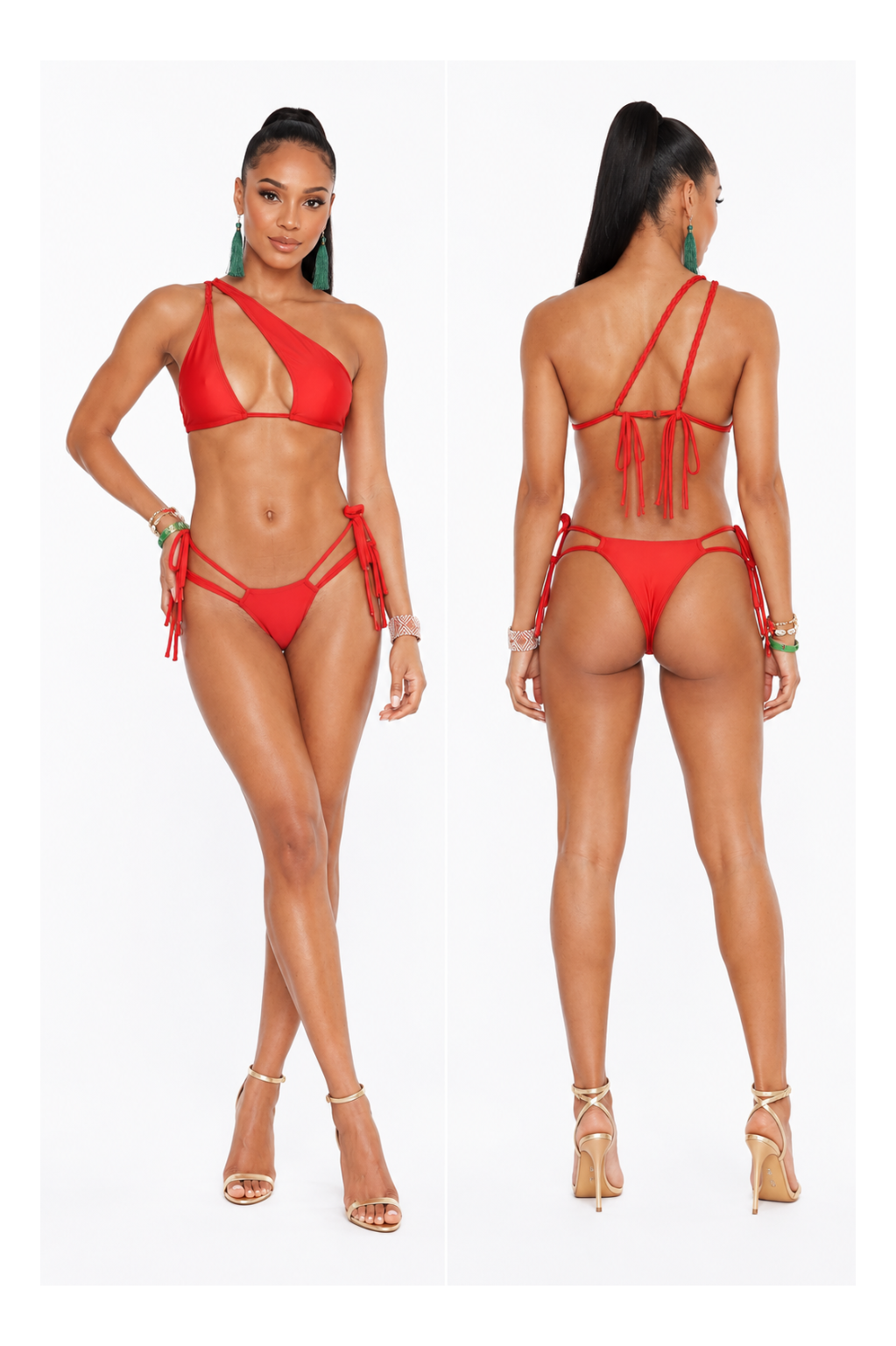 A model shown from the front and back wearing a bright red string bikini with asymmetrical halter-style top and side-tie bottoms against a plain light background.