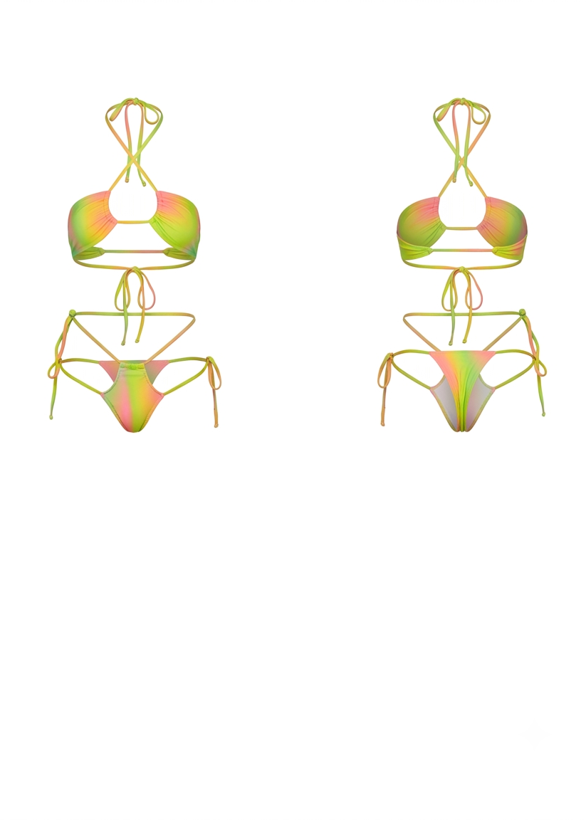 A two-piece string bikini set shown from the front and back, featuring a vibrant lime green, pink, and yellow abstract pattern on a plain white background.