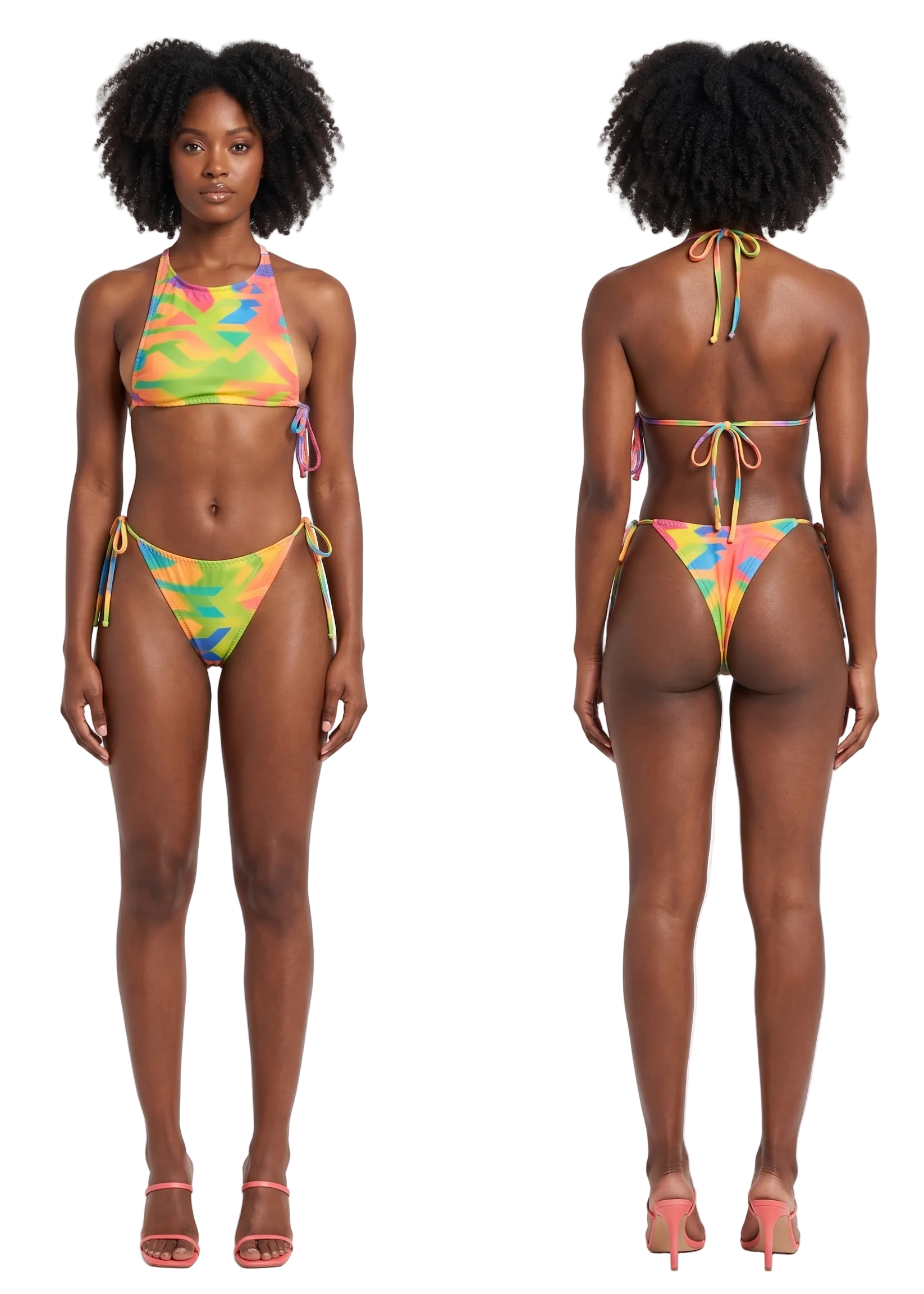 A model shown from the front and back wearing a colorful tie-dye string bikini against a plain white studio background.