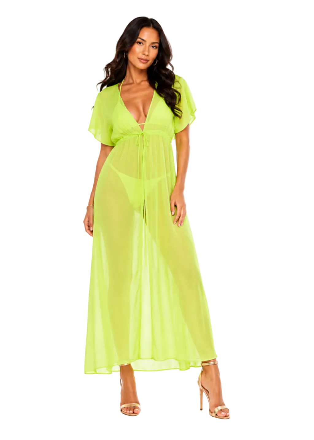 A woman modeling a bright neon yellow-green sheer maxi cover-up dress with short flutter sleeves, a deep V-neckline, and a tie-front waist, paired with nude high-heeled sandals against a plain white background.