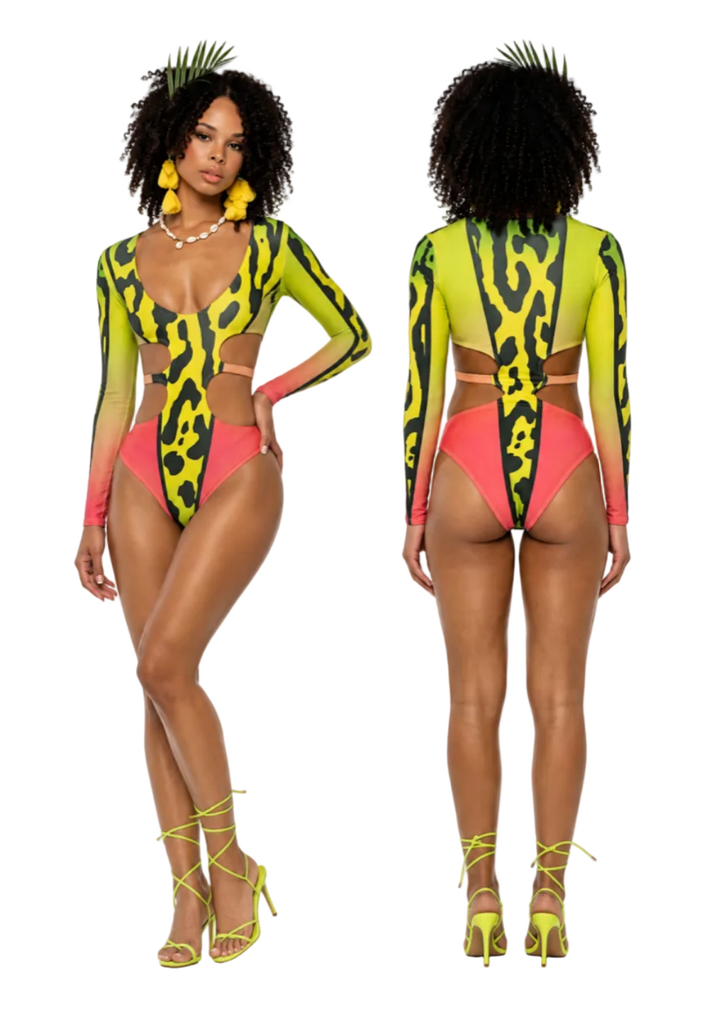 A model shown from the front and back wearing a neon yellow and black leopard-print long-sleeve bikini with bright pink side panels and matching neon yellow lace-up heels, against a plain white background.