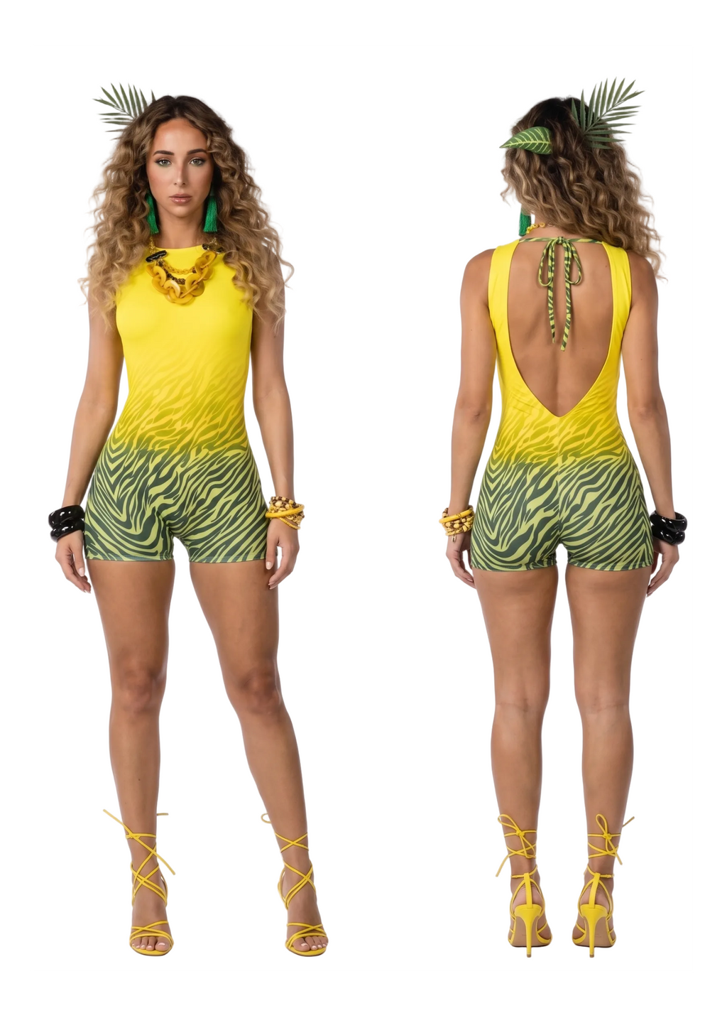 A model shown from the front and back wearing a bright yellow and green zebra-print romper with a low open back, styled with yellow accessories against a plain white background.