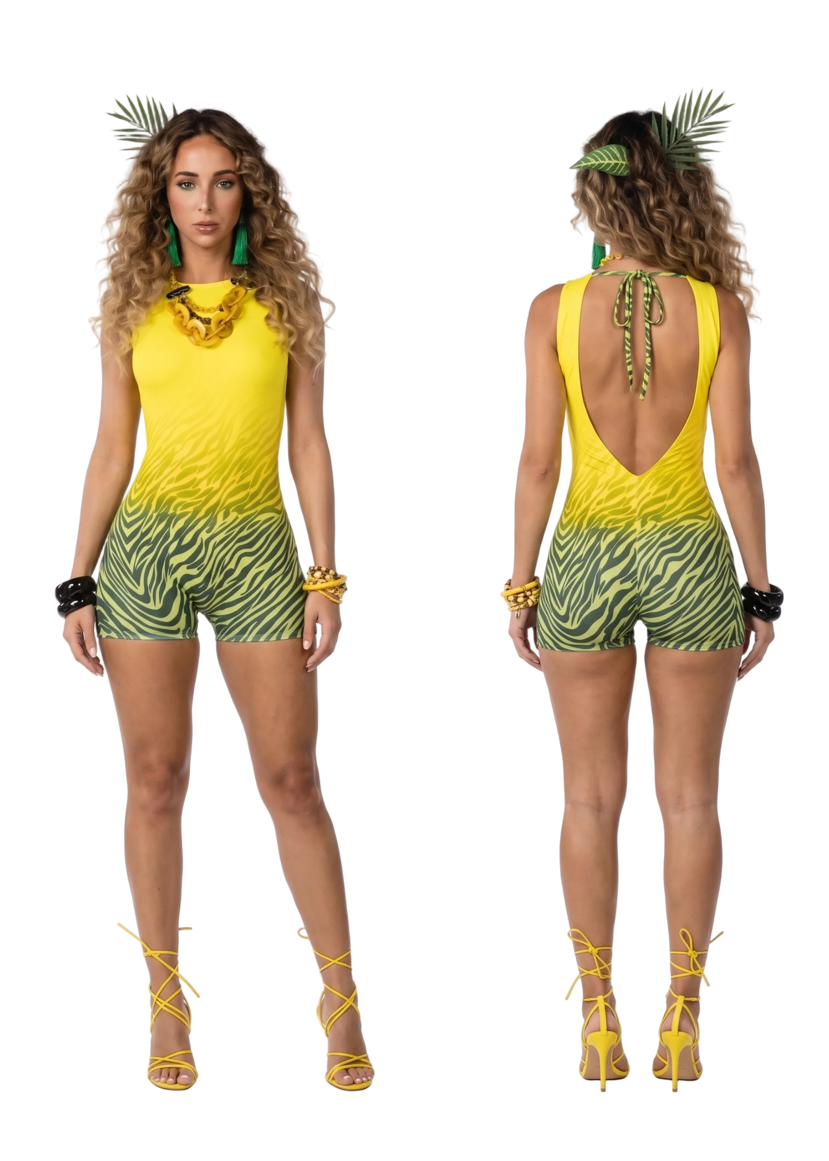 A model shown from the front and back wearing a bright yellow and green zebra-print romper with a low open back, styled with yellow accessories against a plain white background.