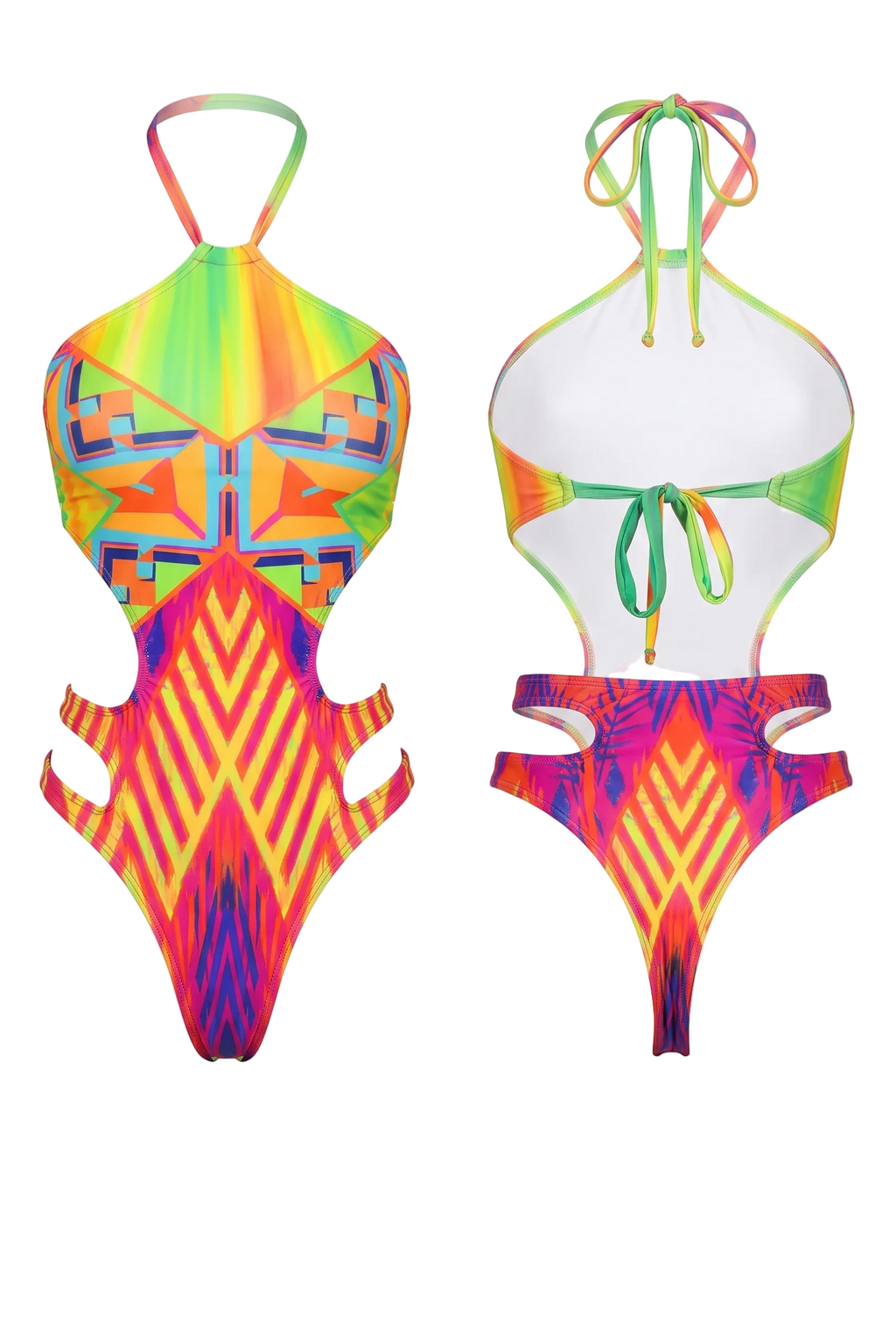 A two-piece bikini set shown from the front and back on a plain white background. The swimsuit features a vibrant, multicolor geometric and chevron pattern in neon pink, orange, yellow, green, and blue, with a solid white back panel and tie-neck straps.