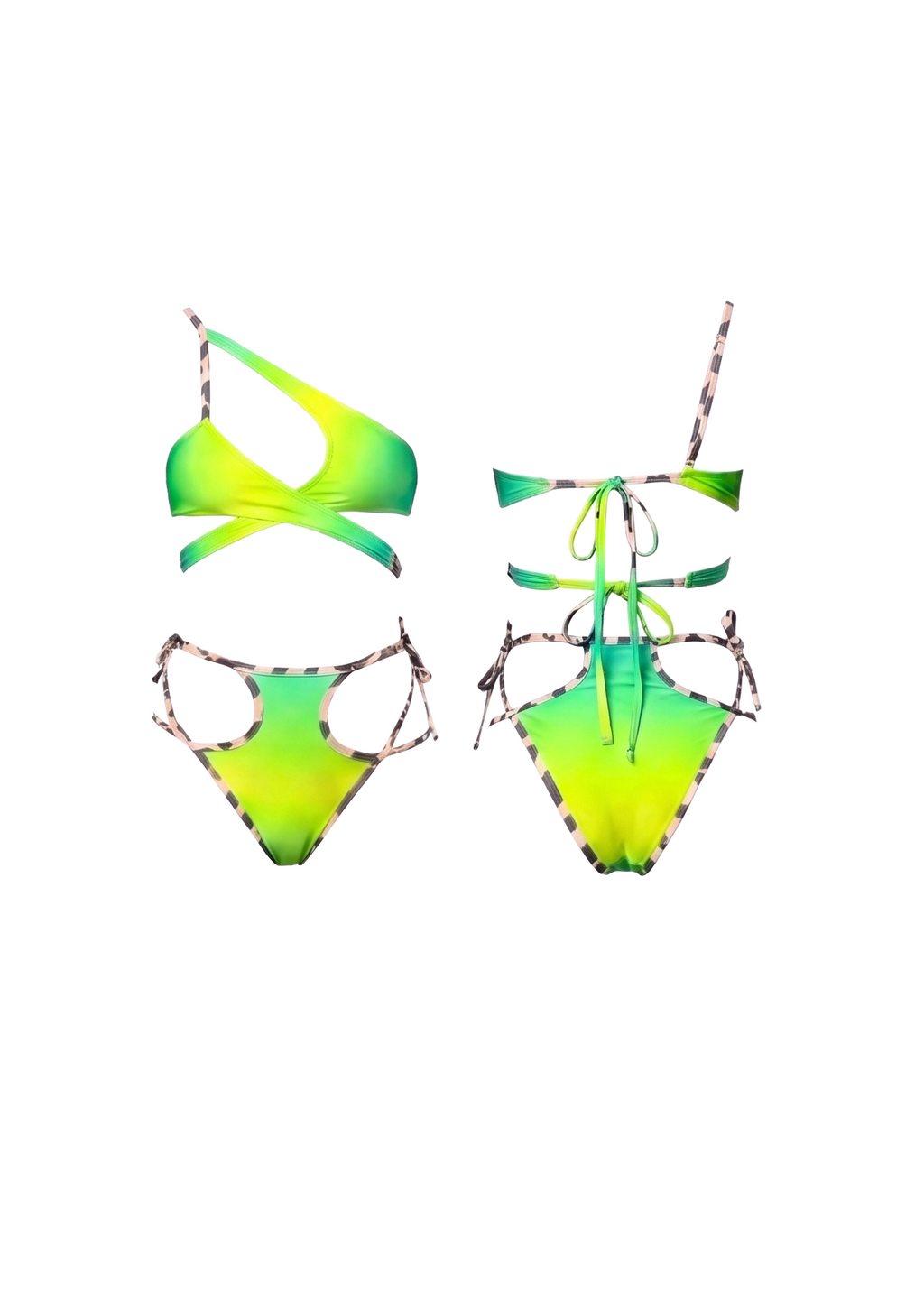 A two-piece bikini set with a vibrant lime green and neon yellow gradient, featuring patterned tie straps, shown in both flat front and side profile views against a plain white background.