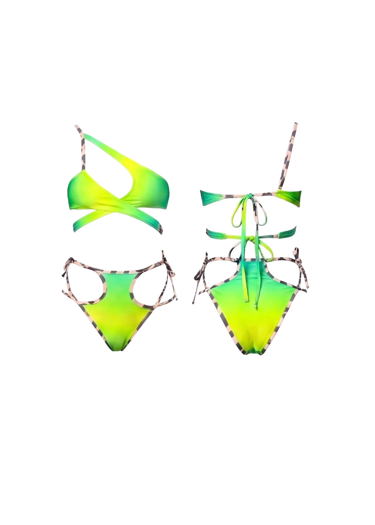 A two-piece bikini set with a vibrant lime green and neon yellow gradient, featuring patterned tie straps, shown in both flat front and side profile views against a plain white background.