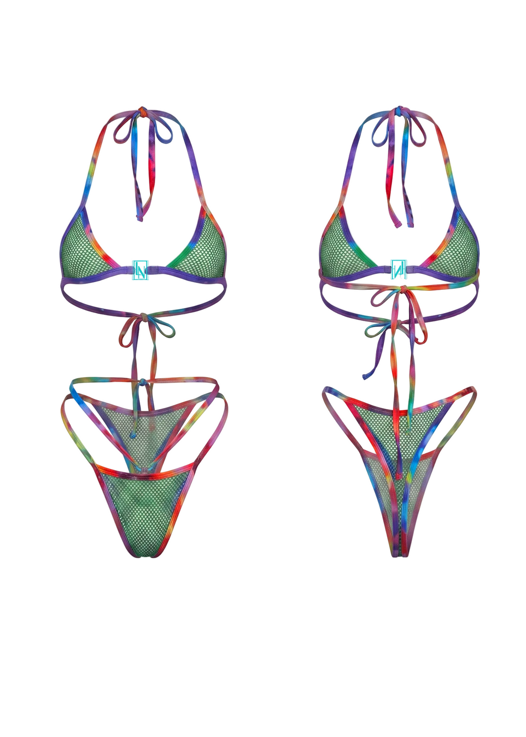 Two views of a colorful tie-dye mesh bikini set on a white background, showing the front and back layouts. The bikini features a green mesh fabric with multicolor rainbow tie-dye trim and straps.