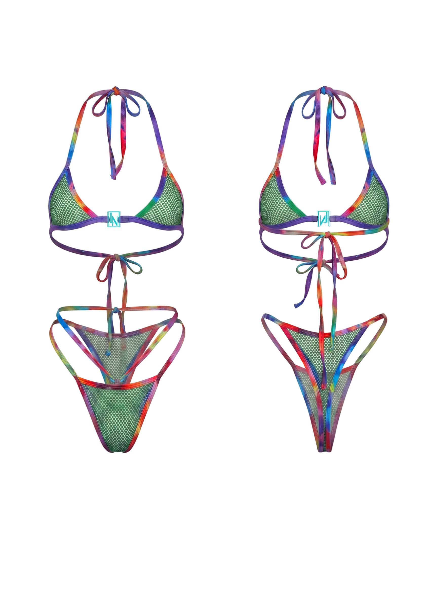 Two views of a colorful tie-dye mesh bikini set on a white background, showing the front and back layouts. The bikini features a green mesh fabric with multicolor rainbow tie-dye trim and straps.