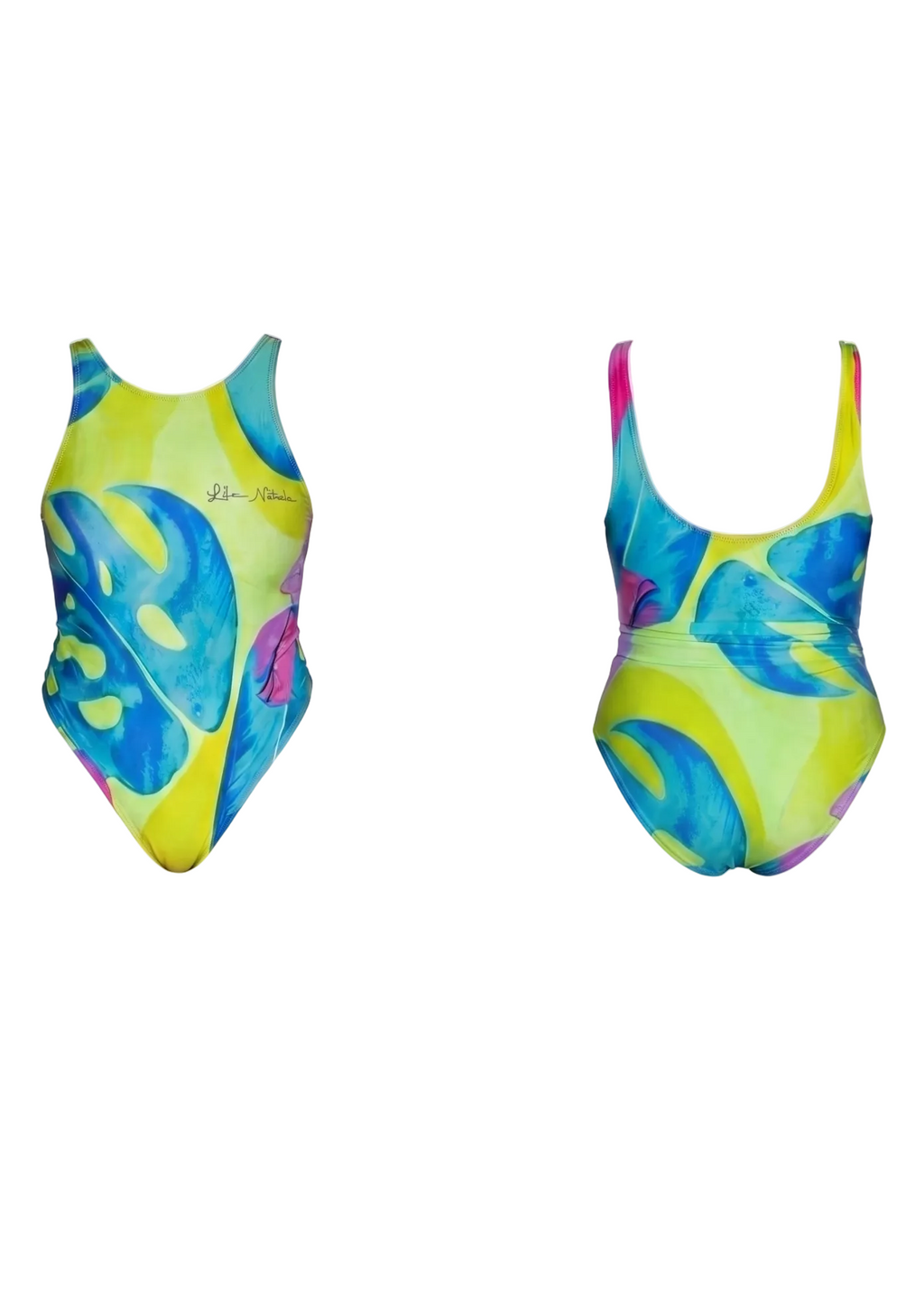 Two views of a one-piece swimsuit with a vibrant tropical leaf print in blue, lime green, and pink, shown against a white background.