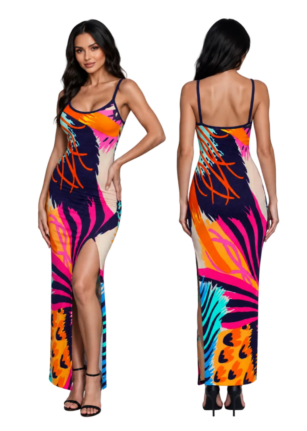 A woman modeling a sleeveless maxi dress shown from the front and back against a plain light background. The dress has a bold abstract print with bright pink, orange, turquoise, and cream areas on a dark navy base, plus thin black straps and black heeled sandals.