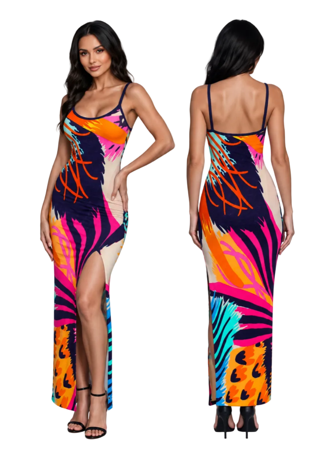 A woman modeling a sleeveless maxi dress shown from the front and back against a plain light background. The dress has a bold abstract print with bright pink, orange, turquoise, and cream areas on a dark navy base, plus thin black straps and black heeled sandals.