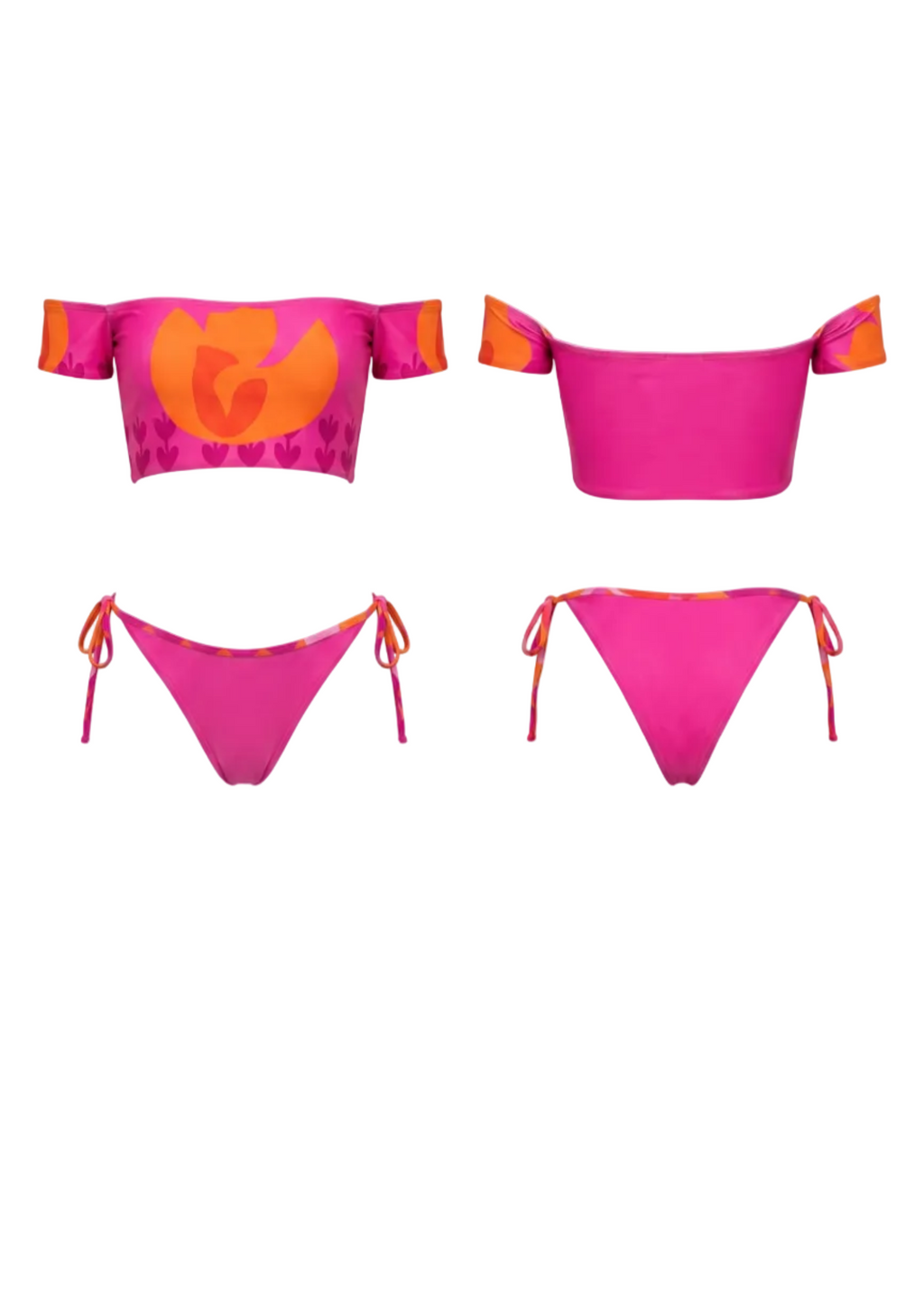 A bright pink bikini set shown in multiple views on a plain white background. The top has an off-the-shoulder cut with orange and yellow abstract print panels, and the side-tie bottoms are also pink with orange trim.