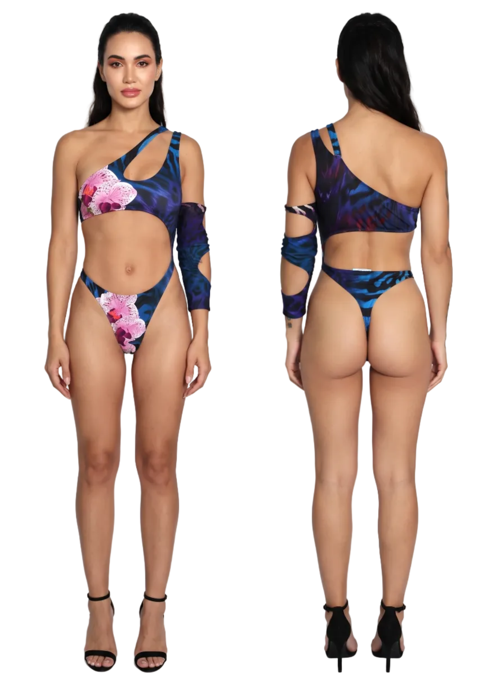 A model is shown from the front and back wearing a two-piece bikini set with long sleeves. The bikini features a dark blue and black abstract pattern with a pink and white floral print on the left cup of the bikini top and matching pink floral accents on the bikini bottom.