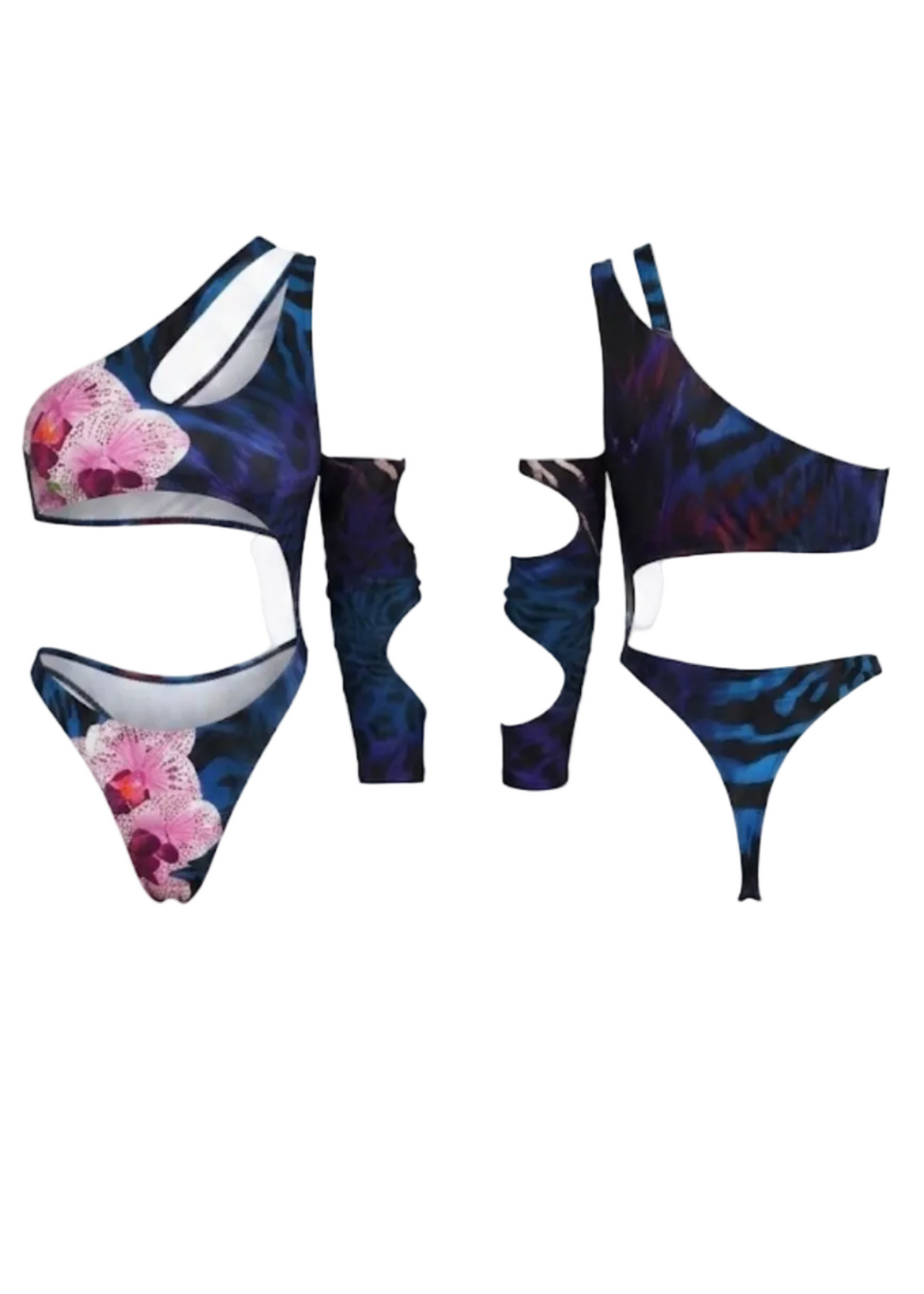 A women's two-piece bikini set with a dark blue and black abstract pattern, featuring a floral print in pink and white on the cups and bottom left, shown on a plain light gray background.