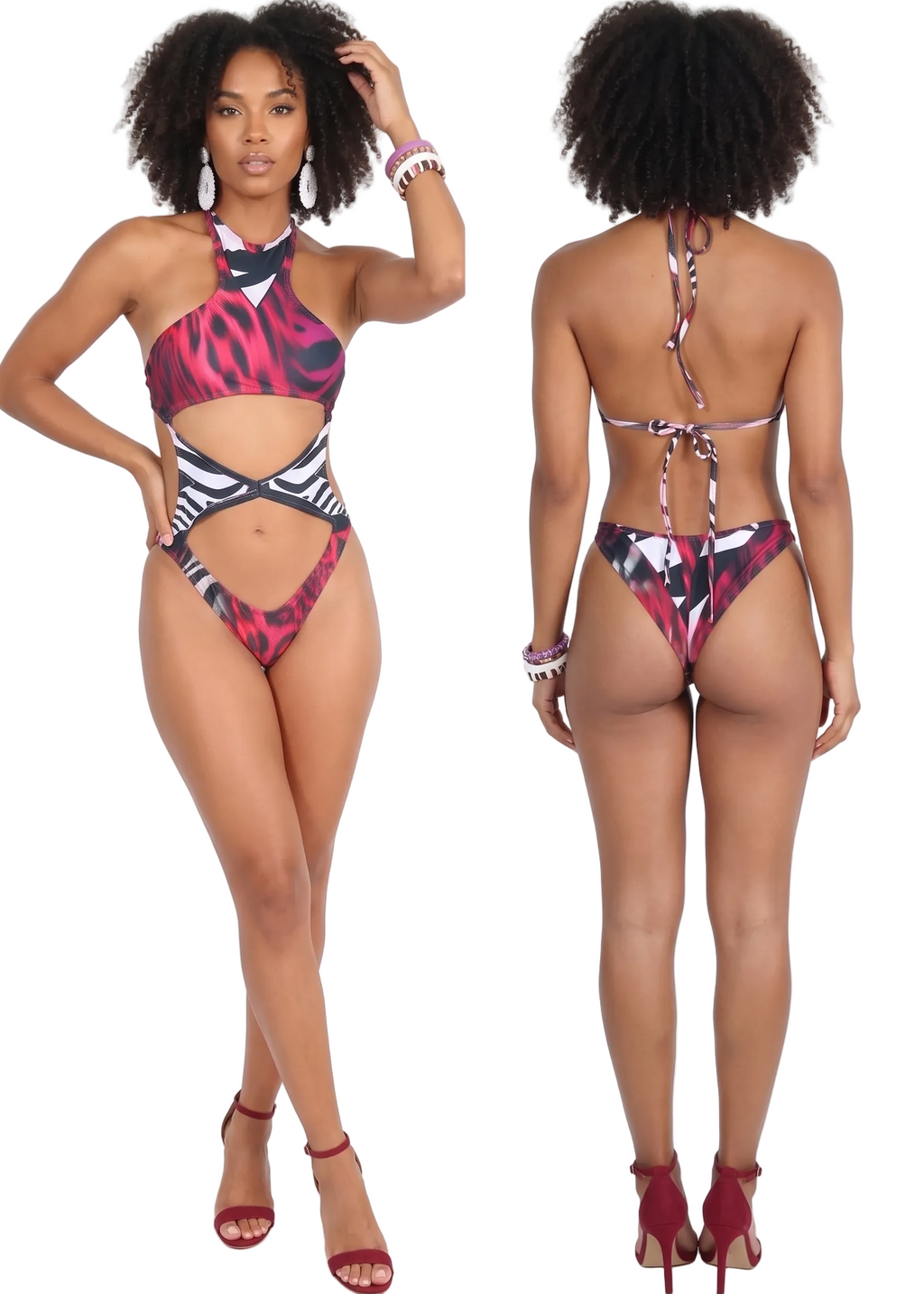 A model shown front and back wearing a two-piece bikini with a bold pink, black, and white zebra-like pattern. The front view shows a halter top and matching high-cut bottoms with a crossover waist design, while the back view shows a tie-back top and side-tie bottoms.