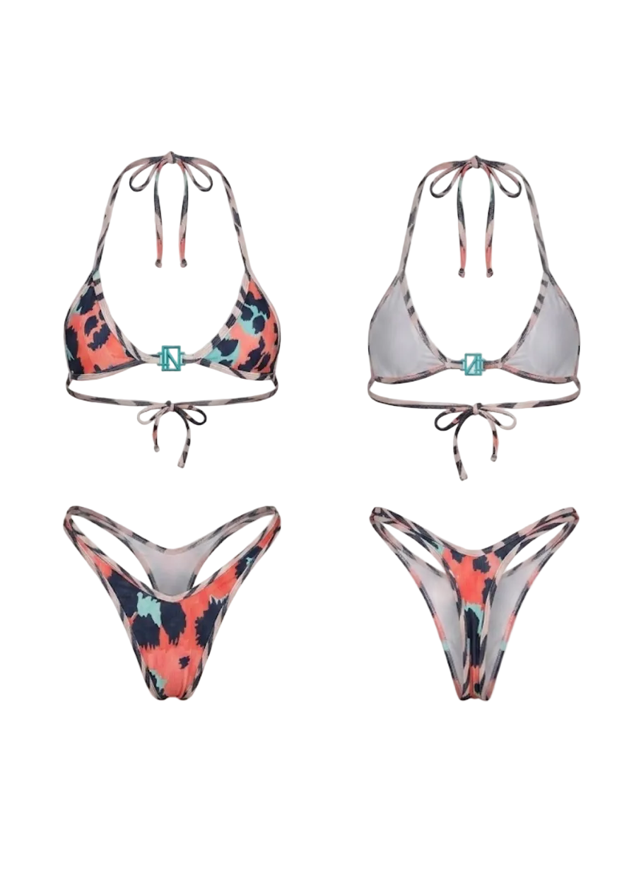 Four bikini sets shown on a light gray background: two triangle halter swimwear pieces at the top and two bikini bottoms at the bottom. The top two pieces are light gray with a small turquoise center detail, while the bottom two pieces have a coral, black, and turquoise abstract print.
