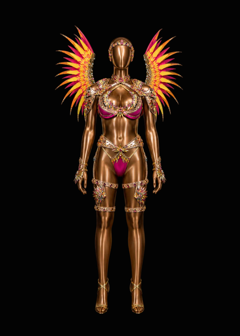 A metallic gold mannequin wearing an ornate pink and gold carnival-style costume with large feathered wings on the shoulders, set against a solid black background.