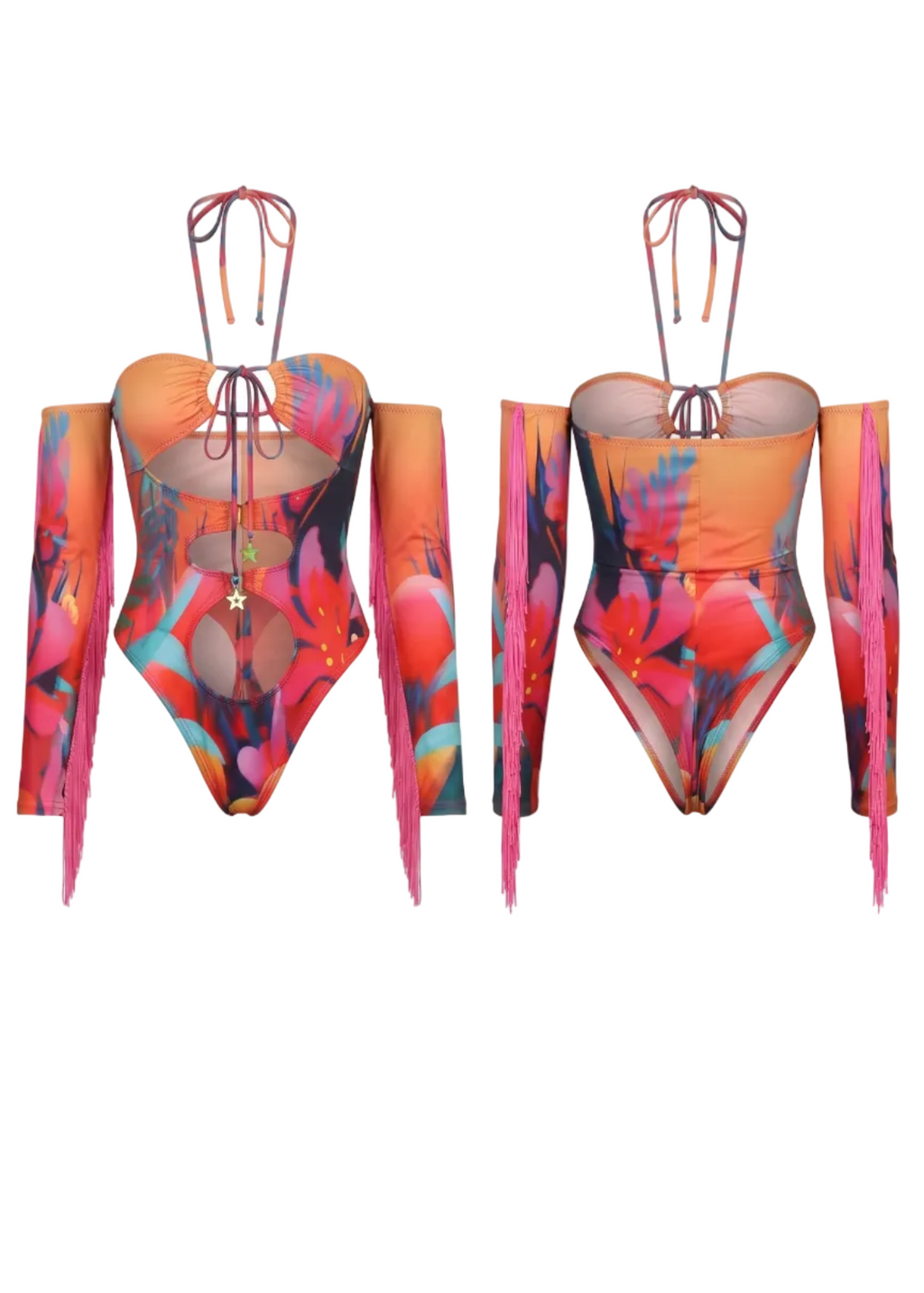 Two views of a colorful floral print one-piece swimsuit with long sheer sleeves and pink fringe, shown on a plain white background.
