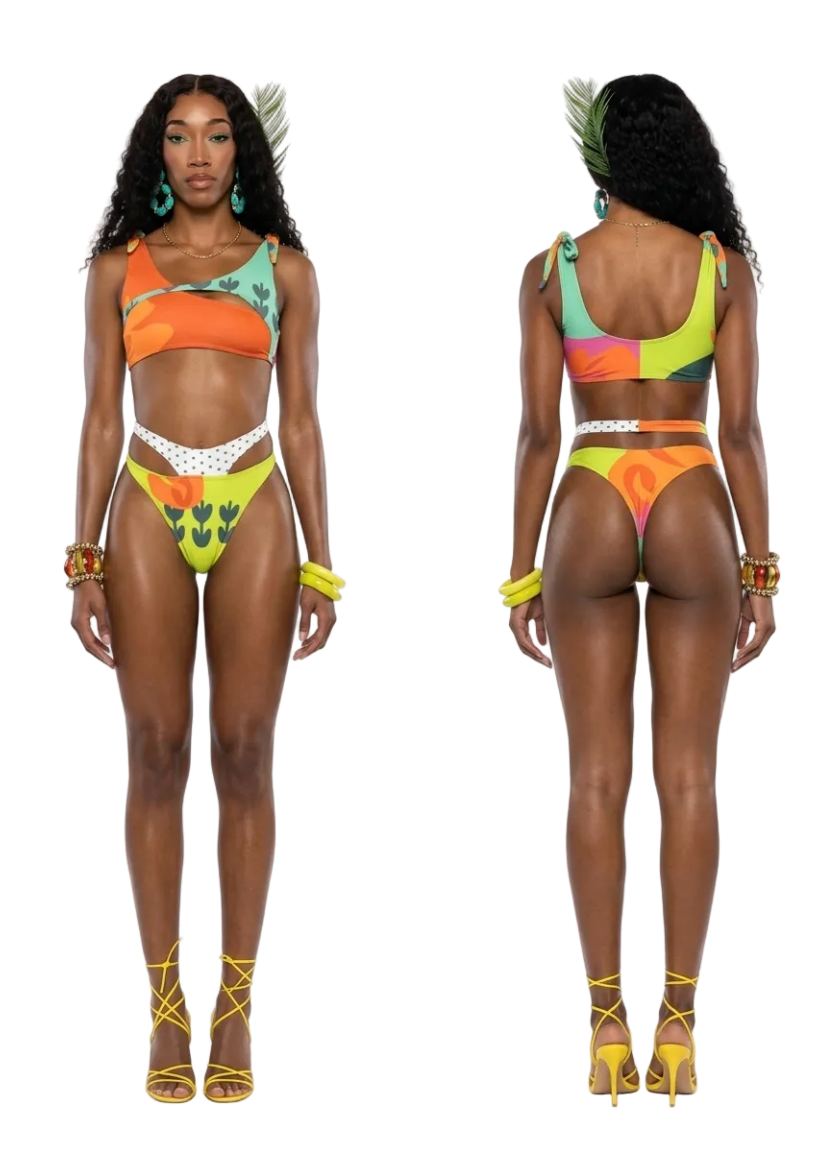 A model shown front and back wearing a bright multicolor bikini with orange, yellow, green, and white tropical and floral patterns, paired with yellow strappy high-heeled sandals against a plain white background.