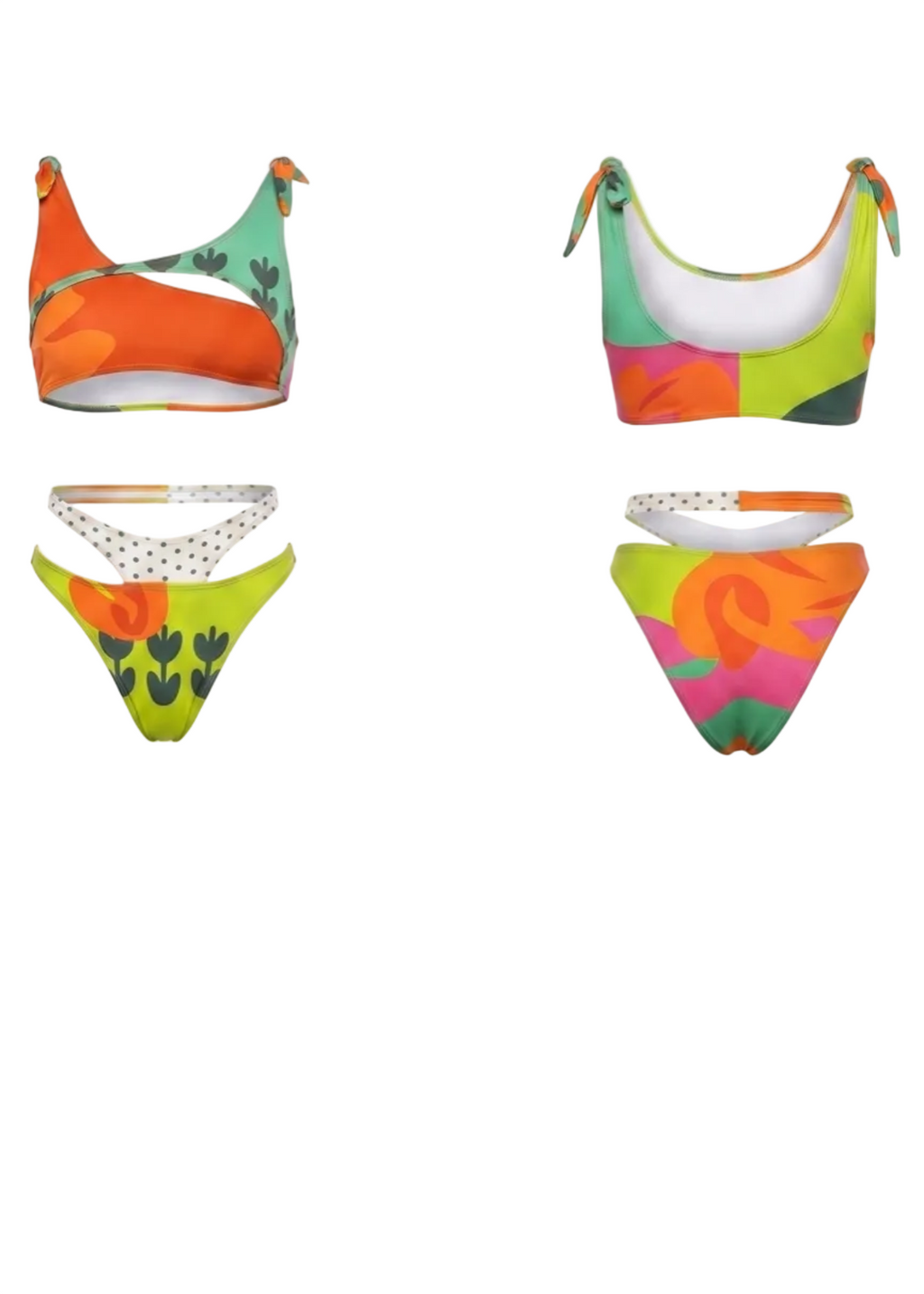 Two women's bikini sets shown on a plain white background, each with a colorful abstract floral print in orange, green, pink, yellow, and white. One set has a wrap-style triangle top and matching low-rise bottoms, and the other has a scoop-neck top with tie straps and matching triangle bottoms.