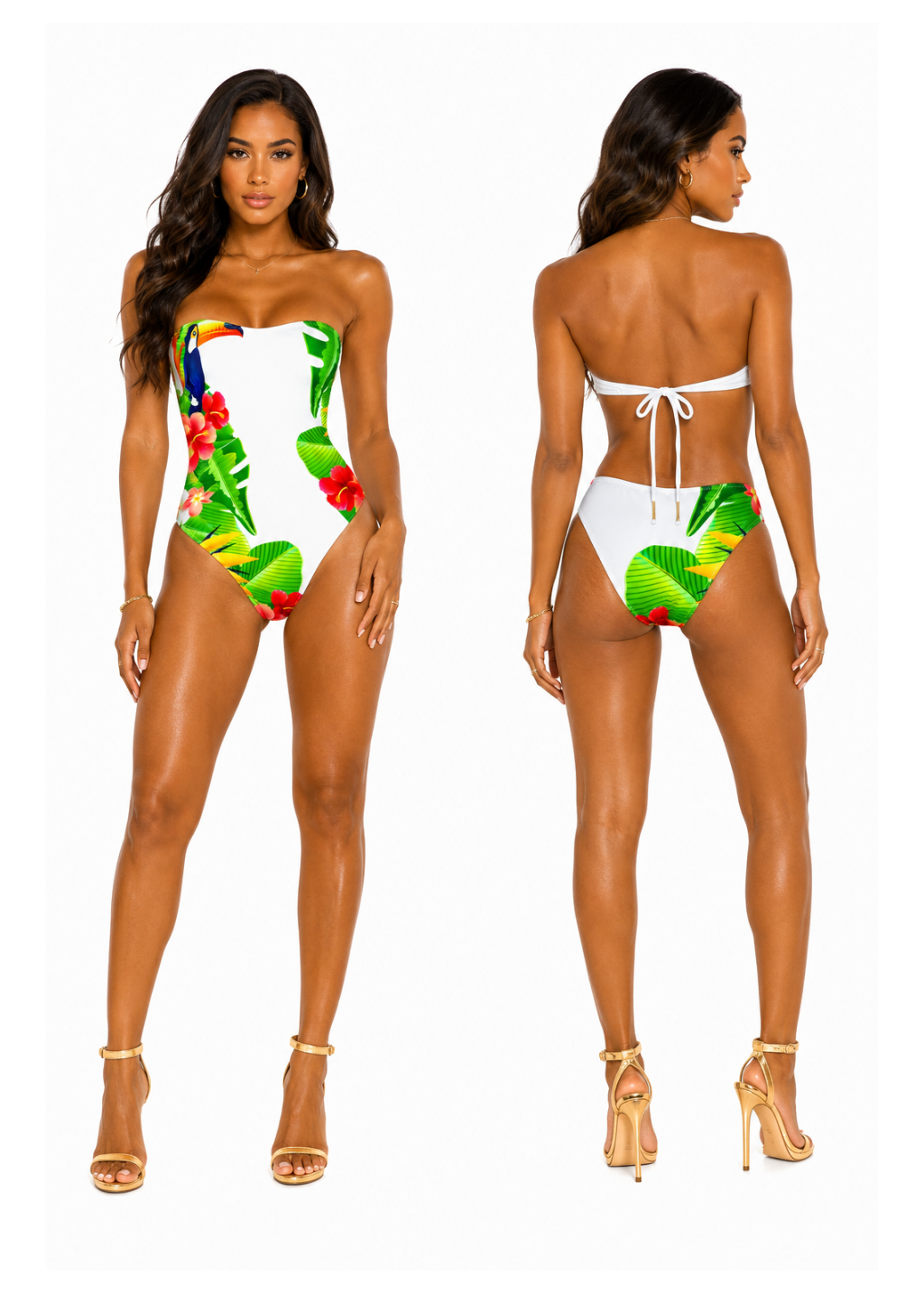 A model shown from the front and back wearing a white one-piece swimsuit with a tropical green palm leaf and red hibiscus floral print, paired with gold high-heeled sandals against a plain white background.