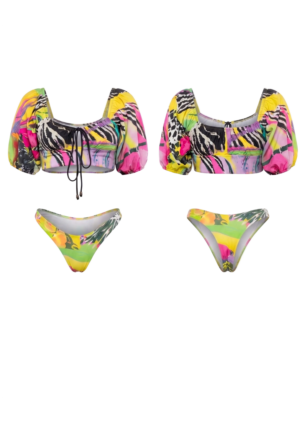 A two-piece bikini set shown from the front and back, featuring a vibrant multicolor abstract print with pink, yellow, green, black, and white elements. The top has puffed sleeves and a front tie, while the bottom is a classic bikini brief.