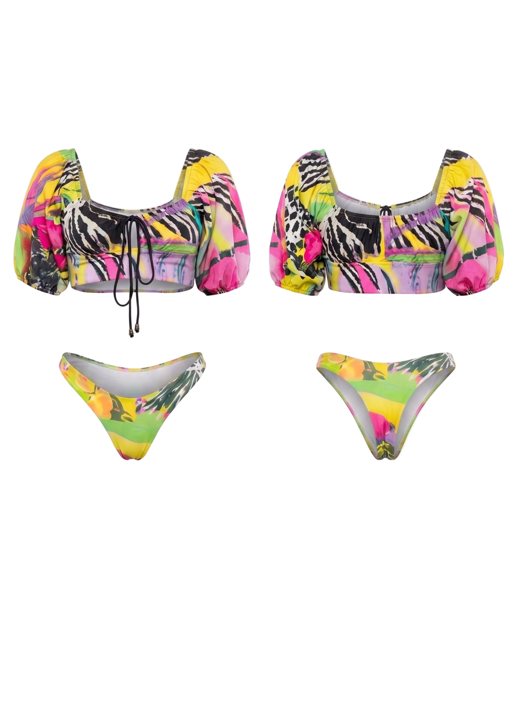 A two-piece bikini set shown from the front and back, featuring a vibrant multicolor abstract print with pink, yellow, green, black, and white elements. The top has puffed sleeves and a front tie, while the bottom is a classic bikini brief.