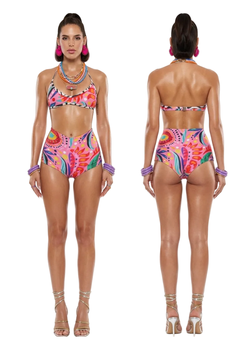 A model shown from the front and back wearing a colorful high-waisted bikini with a vibrant paisley and floral print. The swimsuit features a mix of pink, orange, green, blue, and purple tones.