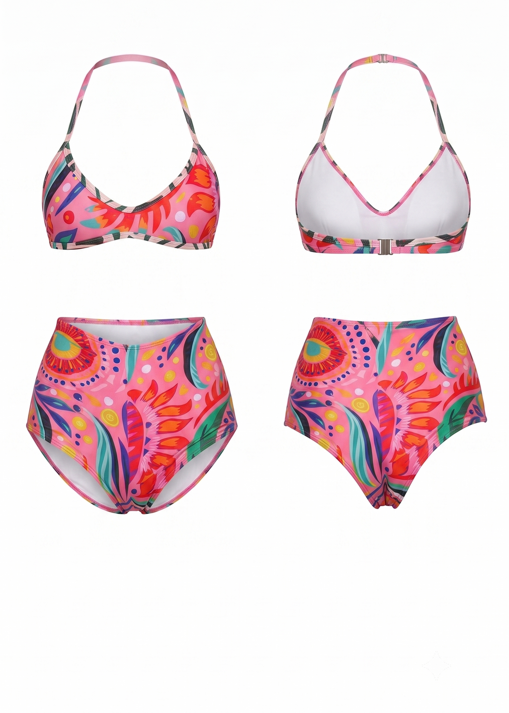 A two-piece bikini set shown from the front and back on a plain white background. The swimsuit features a vibrant, multicolored abstract floral and paisley pattern in pink, orange, green, blue, and yellow, with solid white underbust cups on the back view.