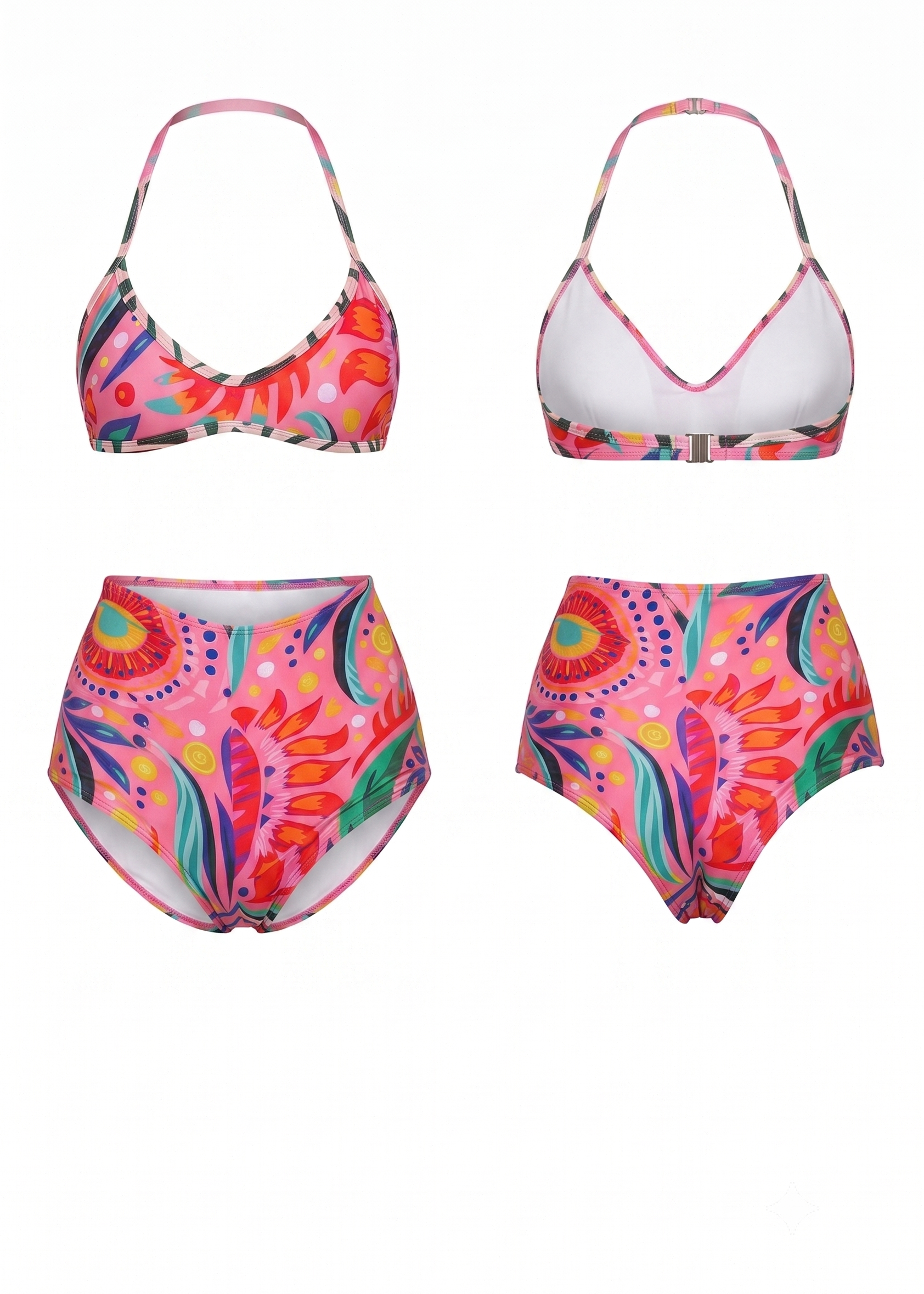 A two-piece bikini set shown from the front and back on a plain white background. The swimsuit features a vibrant, multicolored abstract floral and paisley pattern in pink, orange, green, blue, and yellow, with solid white underbust cups on the back view.