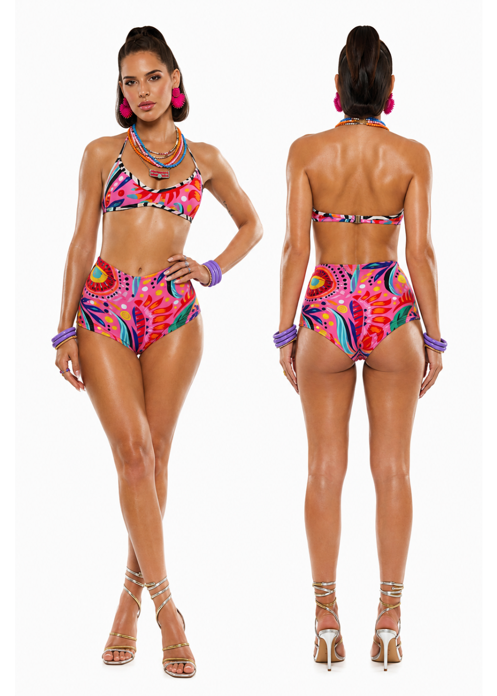A model is shown from the front and back wearing a vibrant, multicolored high-waisted bikini with a psychedelic, swirling pattern in pink, orange, blue, and green. She is also wearing purple bracelets and strappy high-heeled sandals against a plain white background.