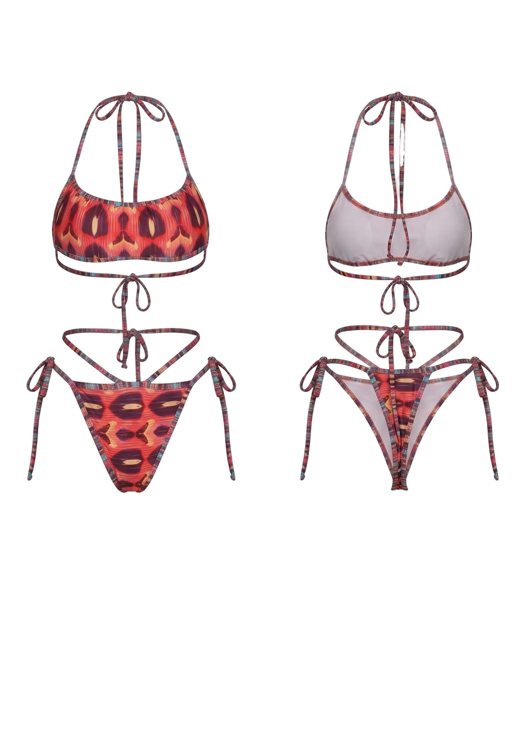 Two string bikini sets shown side by side on a white background. The left set features a red and black leopard print top with a solid red underwire bikini bottom.