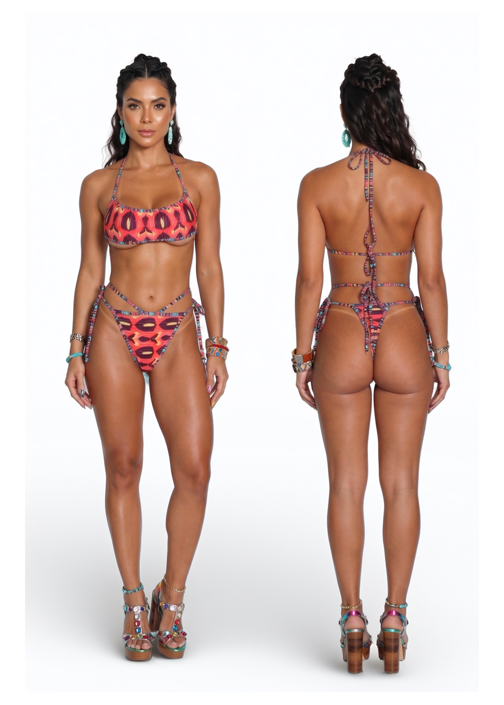 A model is shown from the front and back wearing a red and black patterned string bikini with turquoise jewelry and platform sandals against a white studio background.