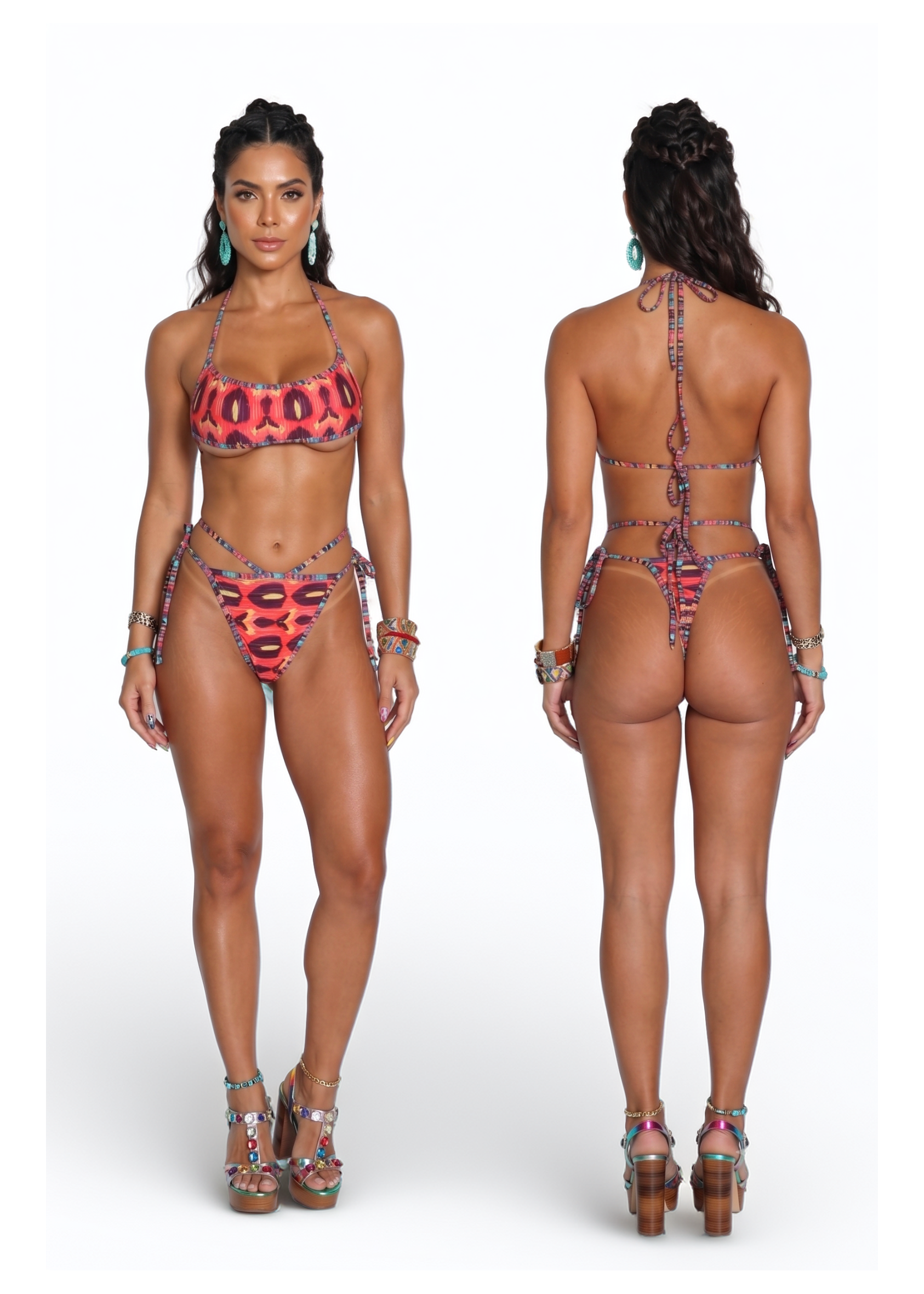 A model is shown from the front and back wearing a red and black patterned string bikini with turquoise jewelry and platform sandals against a white studio background.