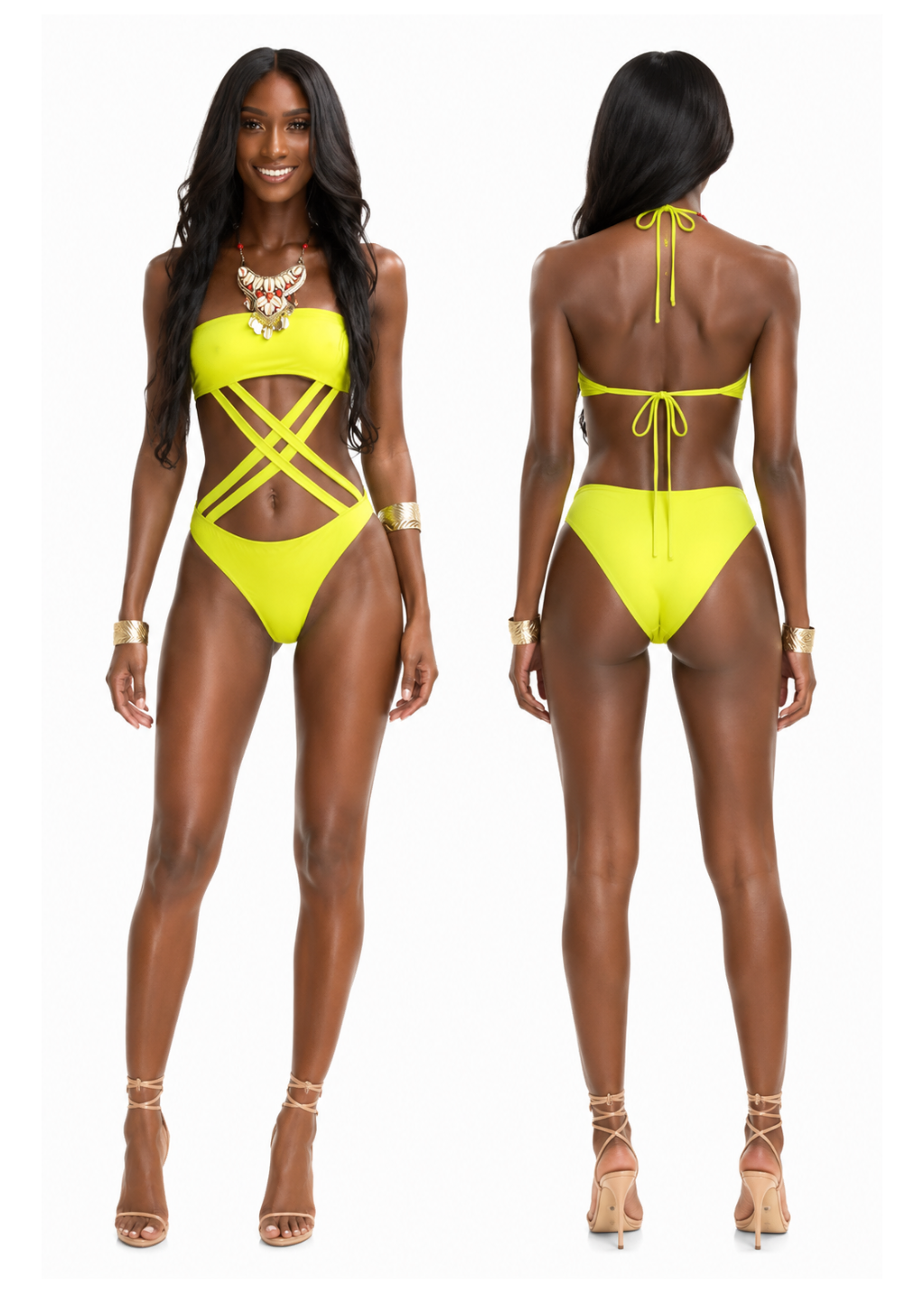 A model shown from the front and back wearing a bright neon yellow bikini with strappy cutout details on the front and tie-back straps on the back, styled with gold jewelry and strappy high heels against a plain white background.