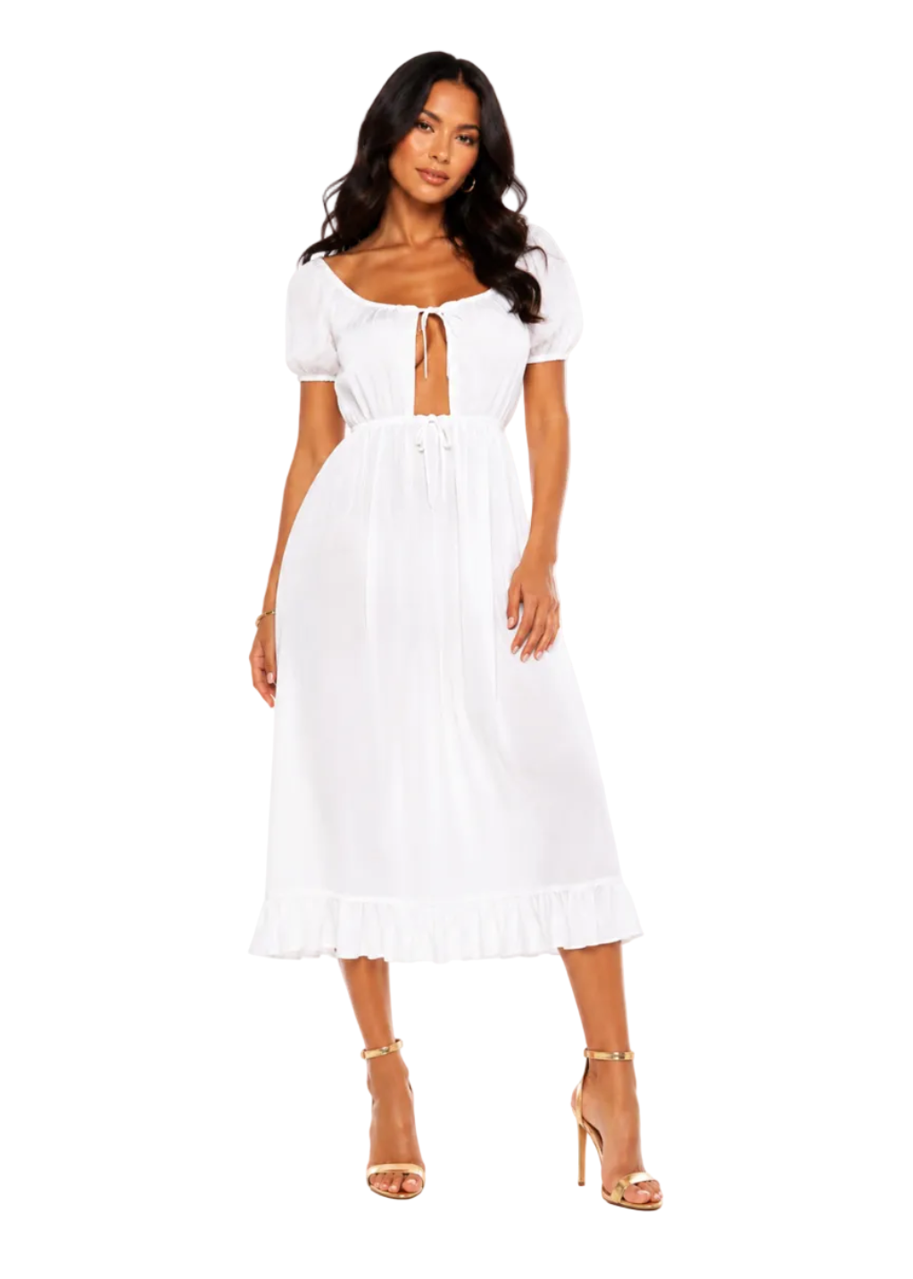 A woman modeling a white midi dress with puff sleeves, a square neckline with a front keyhole cutout and tie, a drawstring waist, and a ruffled hem, paired with gold high-heeled sandals against a plain white background.