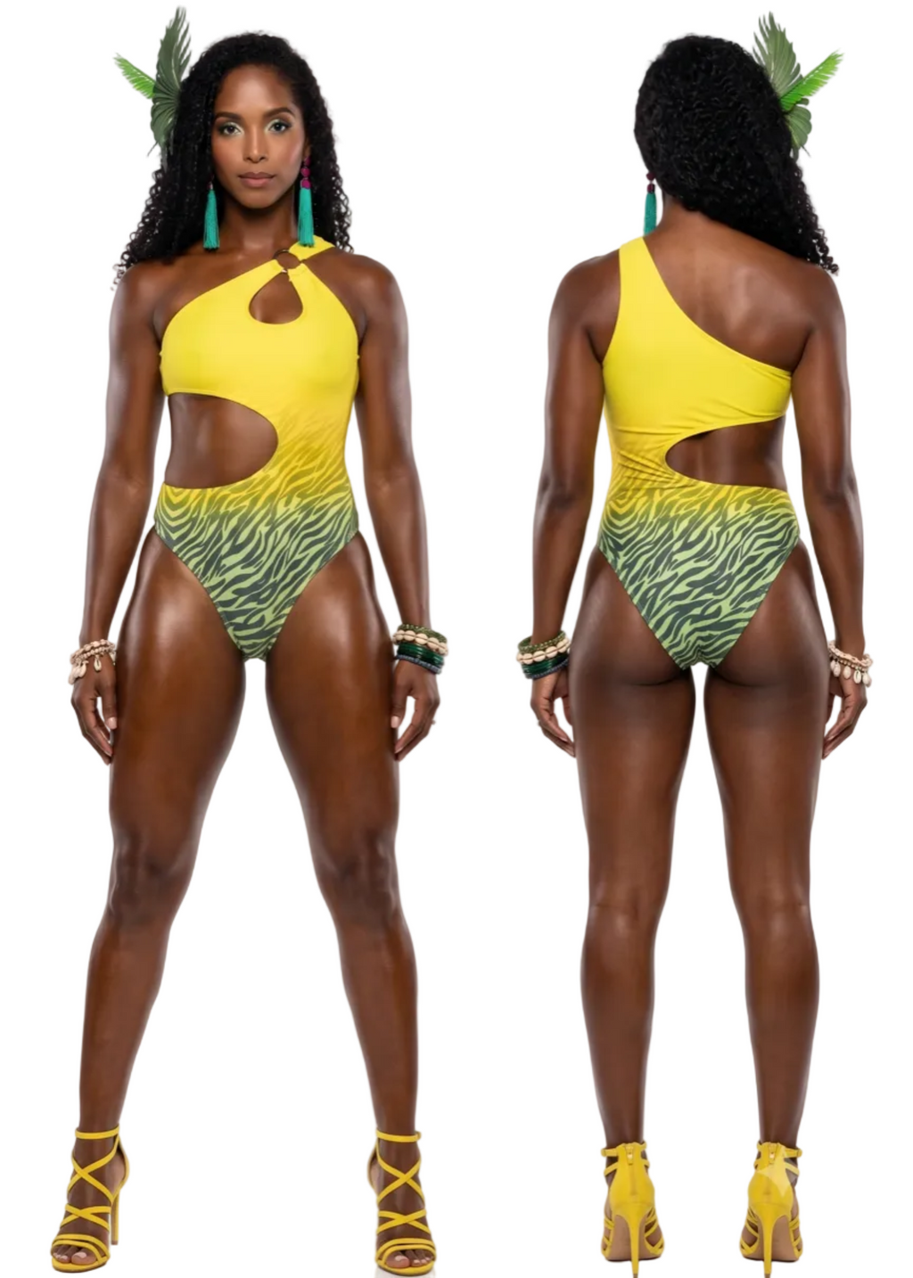 A model is shown from the front and back wearing a yellow and green zebra-print one-piece swimsuit with a cutout at the waist. She is wearing yellow high-heeled sandals and green earrings against a plain white background.