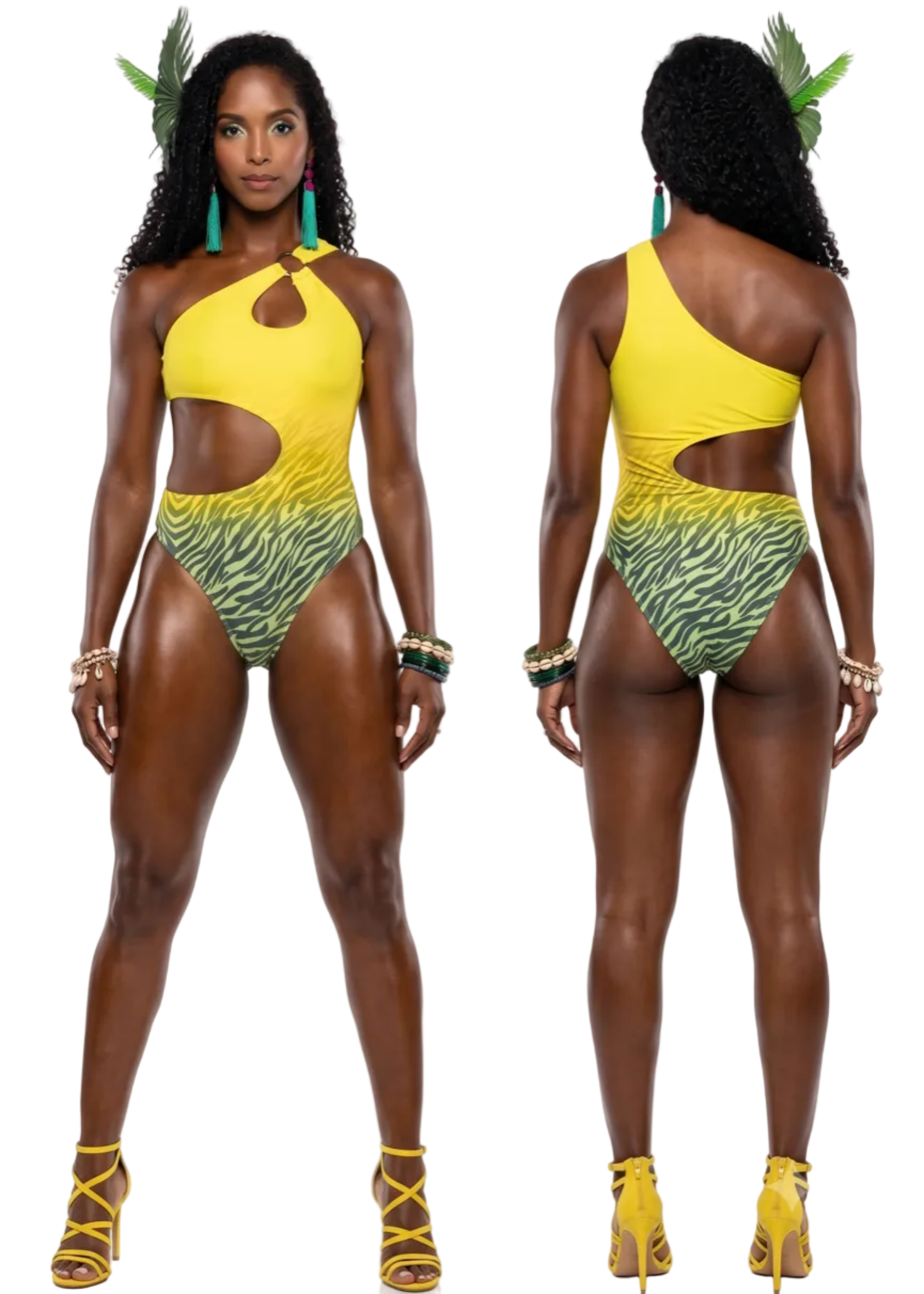 A model is shown from the front and back wearing a yellow and green zebra-print one-piece swimsuit with a cutout at the waist. She is wearing yellow high-heeled sandals and green earrings against a plain white background.