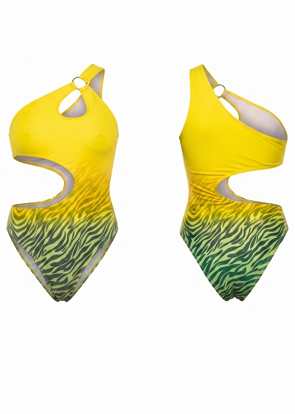 Two views of a one-piece swimsuit with a yellow-to-green gradient and zebra print pattern, featuring asymmetrical cutouts and a single strap, shown on a plain white background.