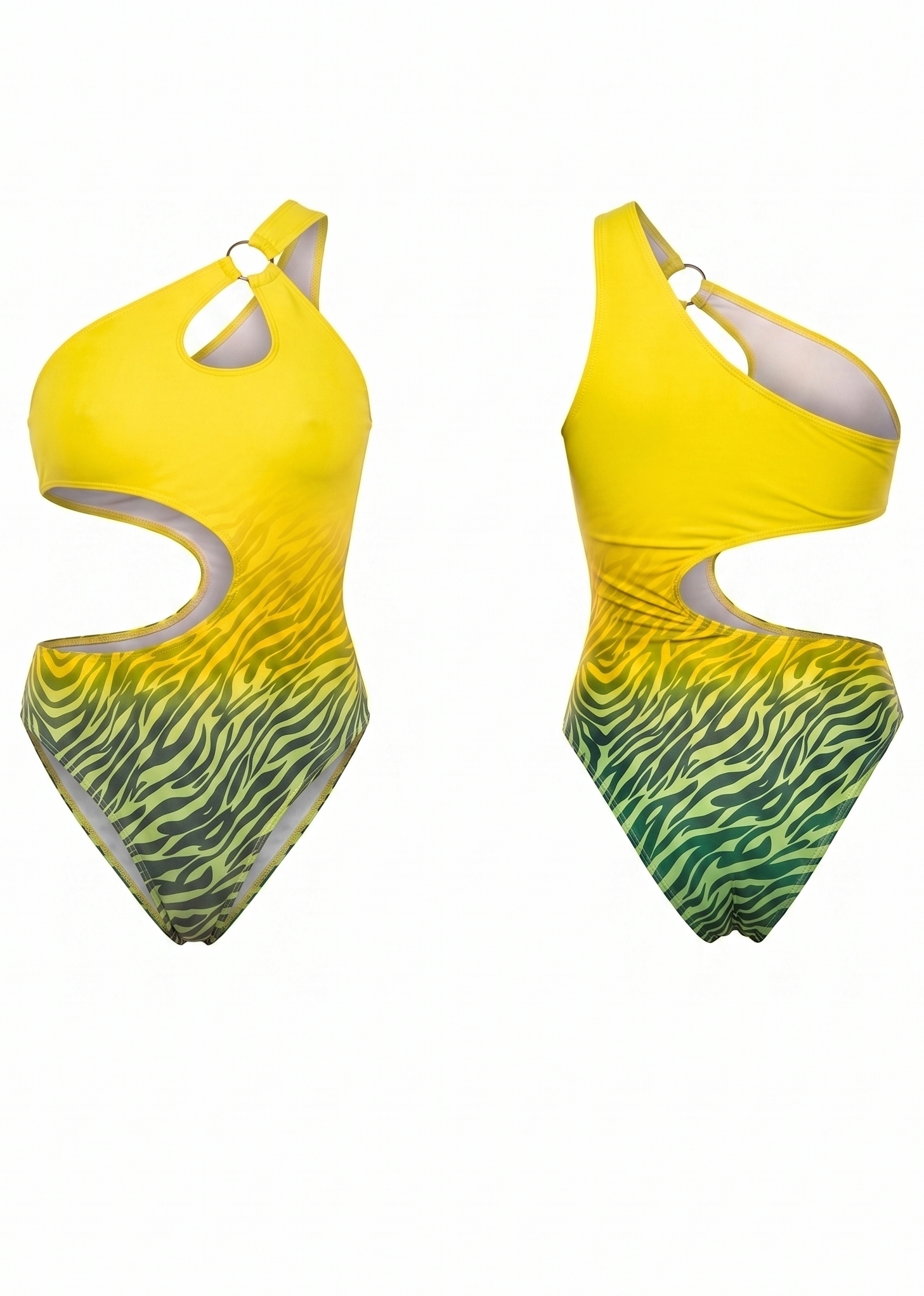 Two views of a one-piece swimsuit with a yellow-to-green gradient and zebra print pattern, featuring asymmetrical cutouts and a single strap, shown on a plain white background.