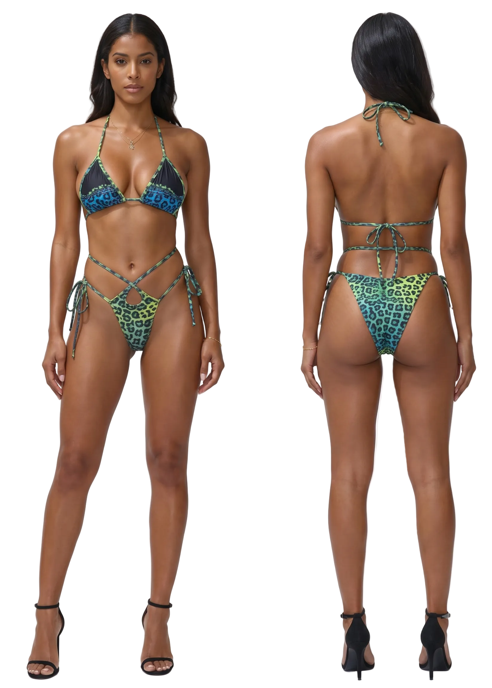 A model shown from the front and back wearing a two-piece string bikini with a blue, green, and yellow abstract pattern, paired with black high-heeled sandals against a light gray studio background.