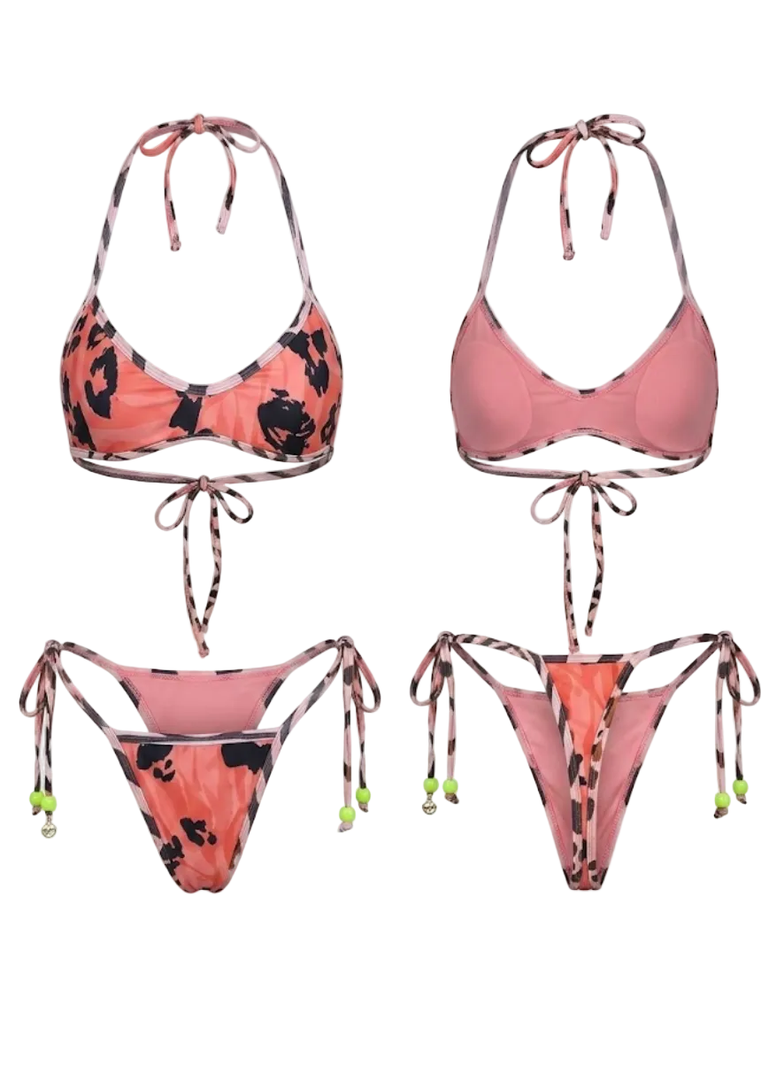 Two pink string bikini sets with black floral patterns, shown in both bandeau and halter styles against a light gray background.