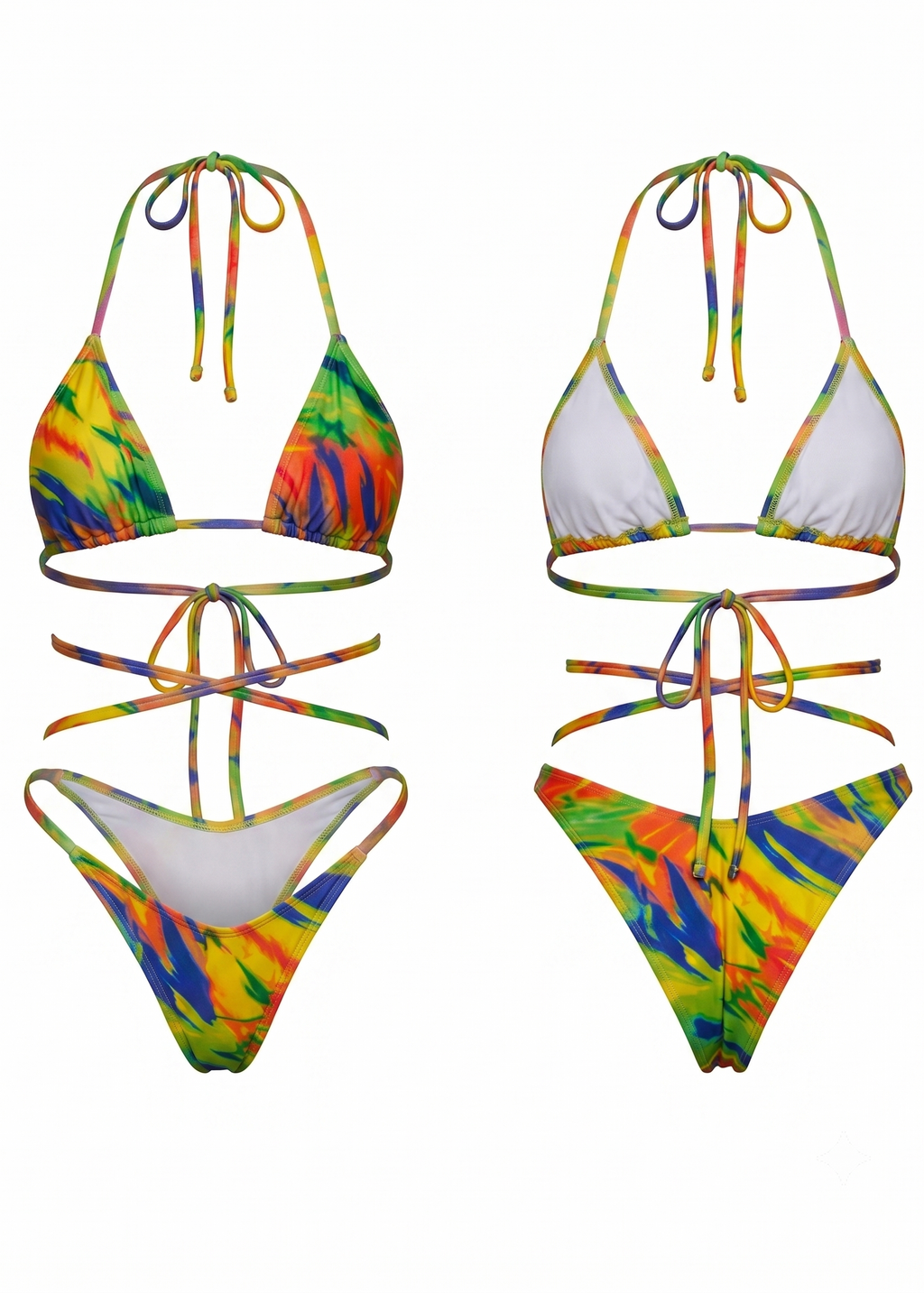 Two views of a two-piece string bikini set on a plain white background. The bikini features a vibrant multicolor tie-dye pattern with orange, yellow, green, and blue, combined with solid white triangle cups and matching tie-dye bottoms.
