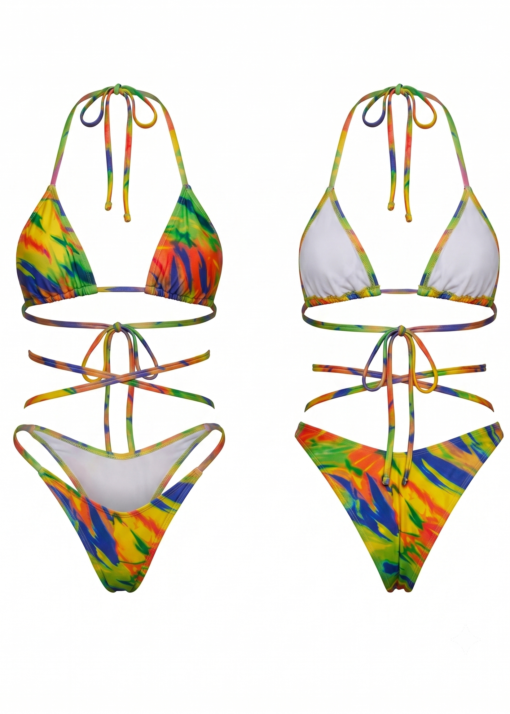 Two views of a two-piece string bikini set on a plain white background. The bikini features a vibrant multicolor tie-dye pattern with orange, yellow, green, and blue, combined with solid white triangle cups and matching tie-dye bottoms.